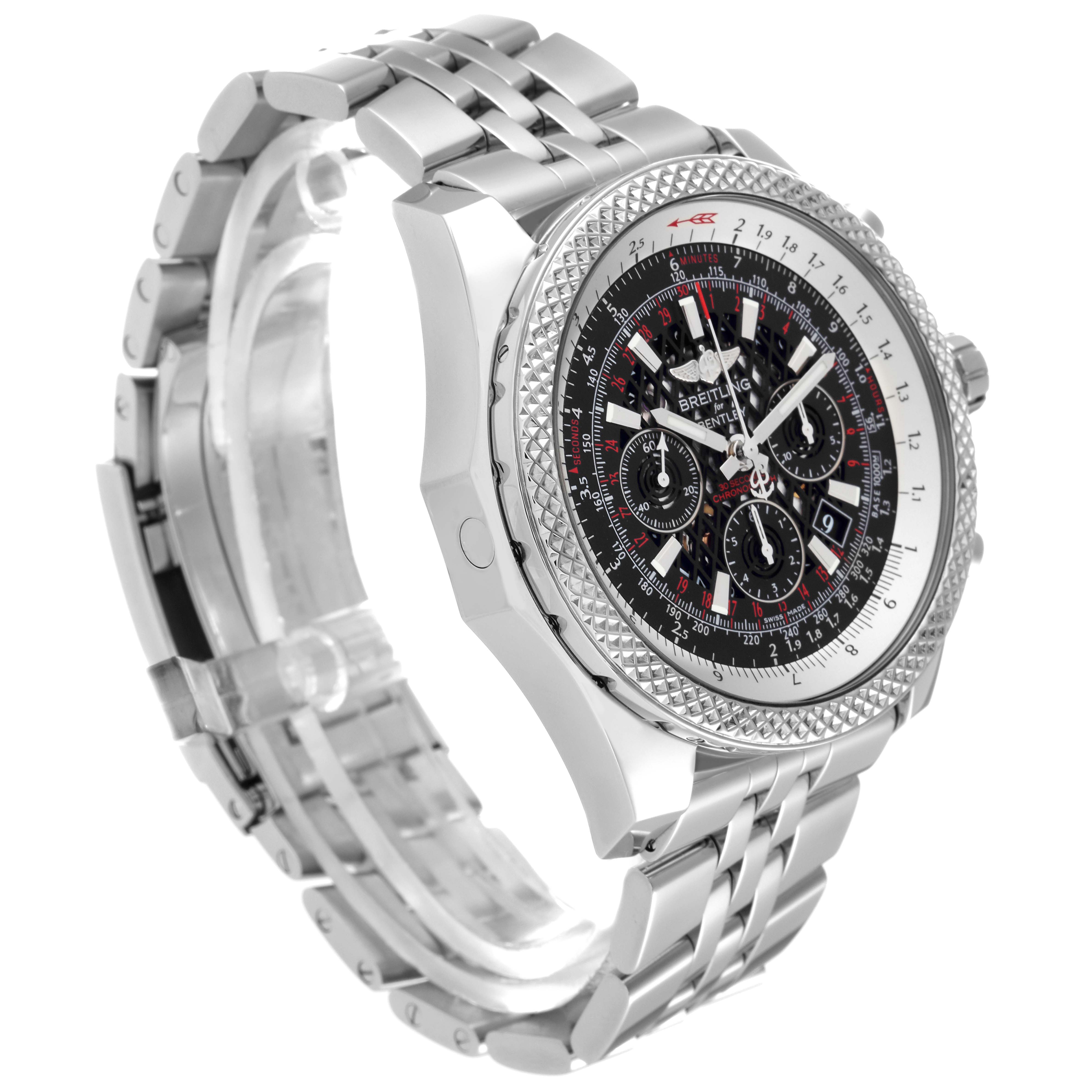 The Breitling Bentley AB061112.BD80.990A Men's Stainless Steel Black Dial AB061112.BD80.990A Men's Stainless Steel Black Dial watch is shown at a three-quarter angle, highlighting its face, bracelet, and side profile in a stainless-steel finish.