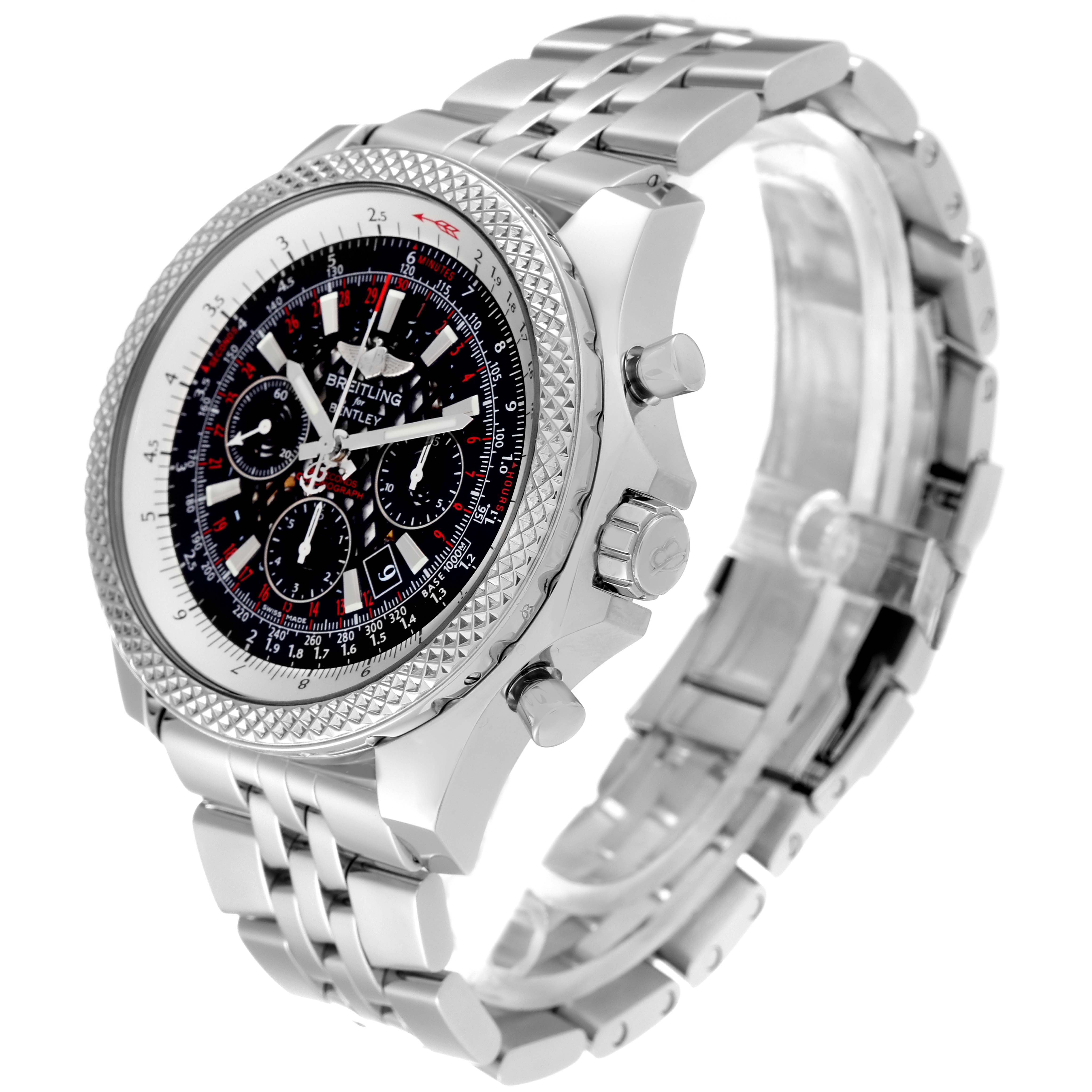 The image shows a Breitling Bentley AB061112.BD80.990A Men's Stainless Steel Black Dial AB061112.BD80.990A Men's Stainless Steel Black Dial model watch from an angled side view, highlighting its intricate face, bezel, and metal band.