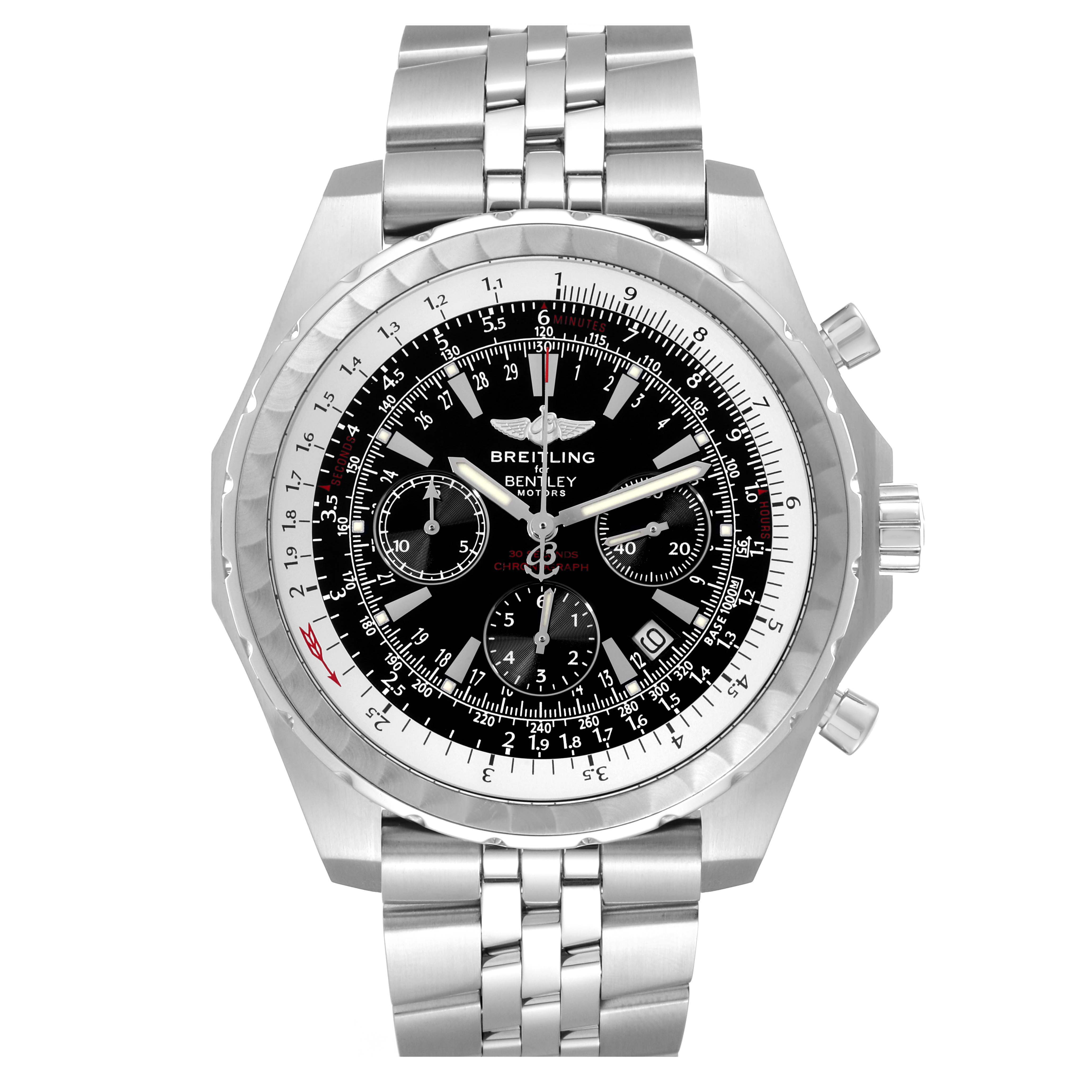 The image shows the front view of a Bentley model watch by Breitling, highlighting the watch face, bezel, and part of the bracelet.
