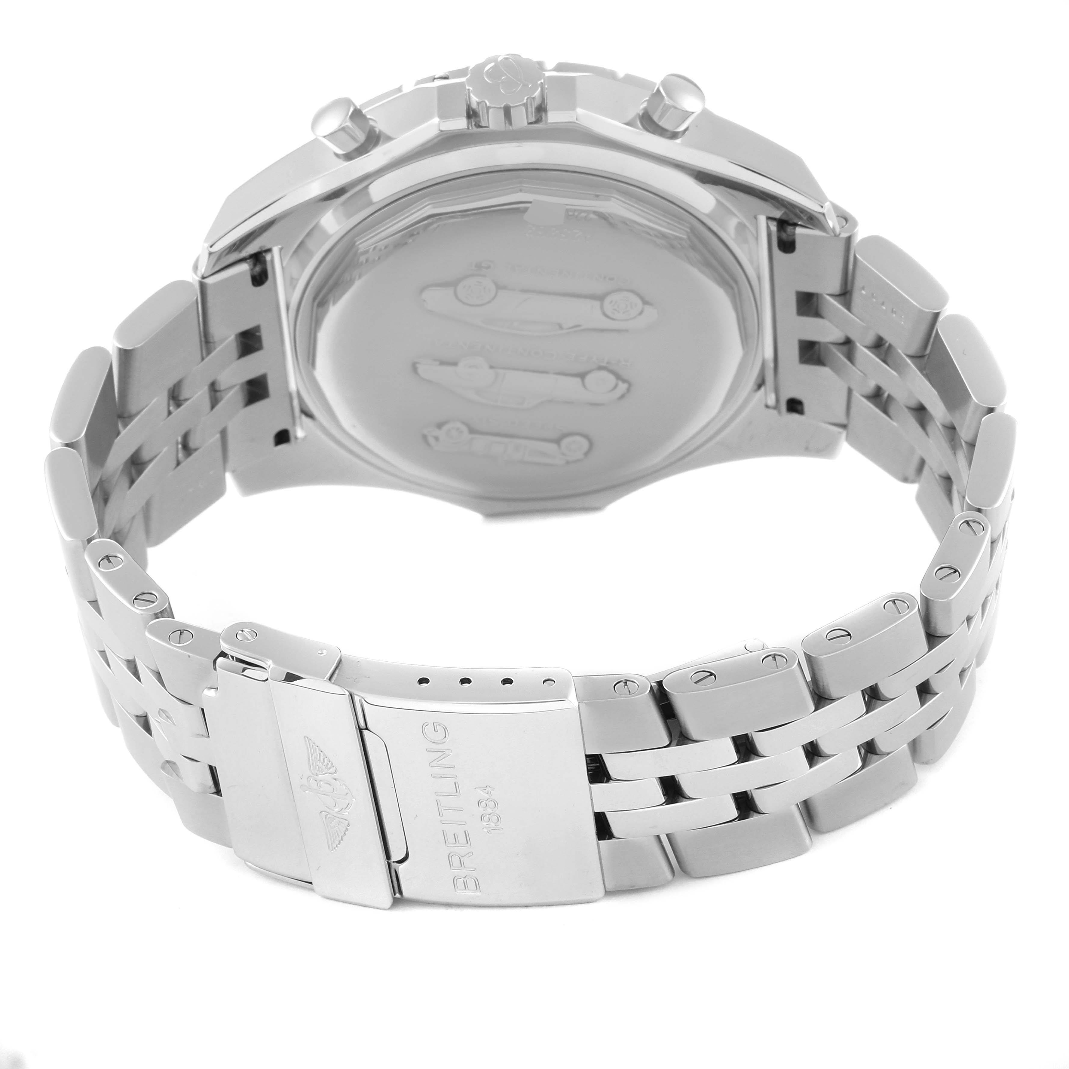 This image shows the back view and clasp of a Bentley model watch by Breitling.