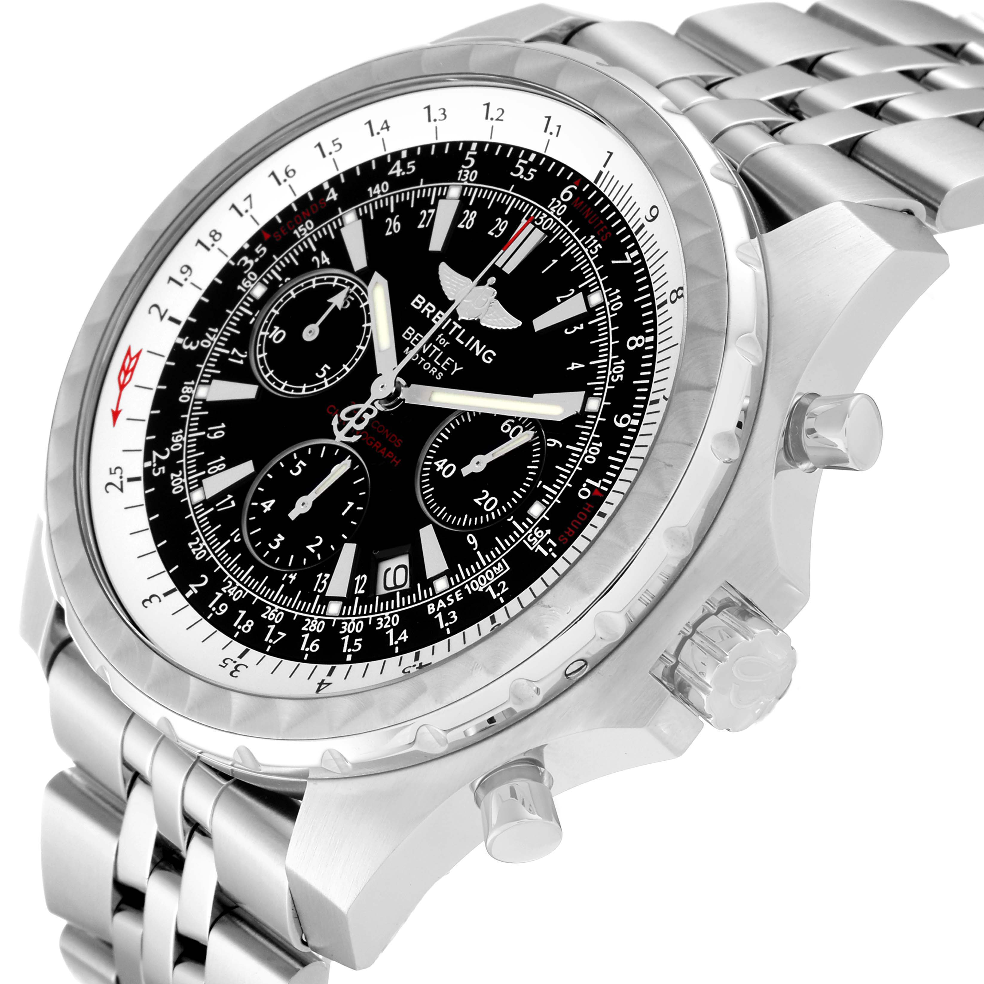 The image shows a close-up, angled view of the Breitling Bentley A25363 Men's Stainless Steel Black Dial A25363 Men's Stainless Steel Black Dial watch, highlighting its face, bezel, chronograph dials, and bracelet.