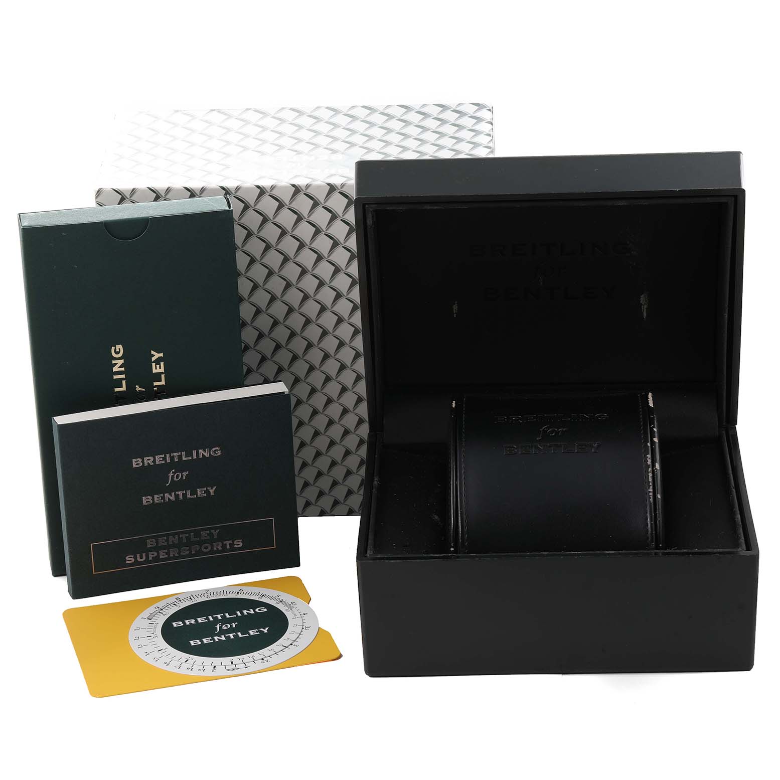 This image shows the box and accessories for a Breitling Bentley A25363 Men's Stainless Steel Black Dial A25363 Men's Stainless Steel Black Dial watch, including manuals, a card, and a packaging box, viewed from the front.