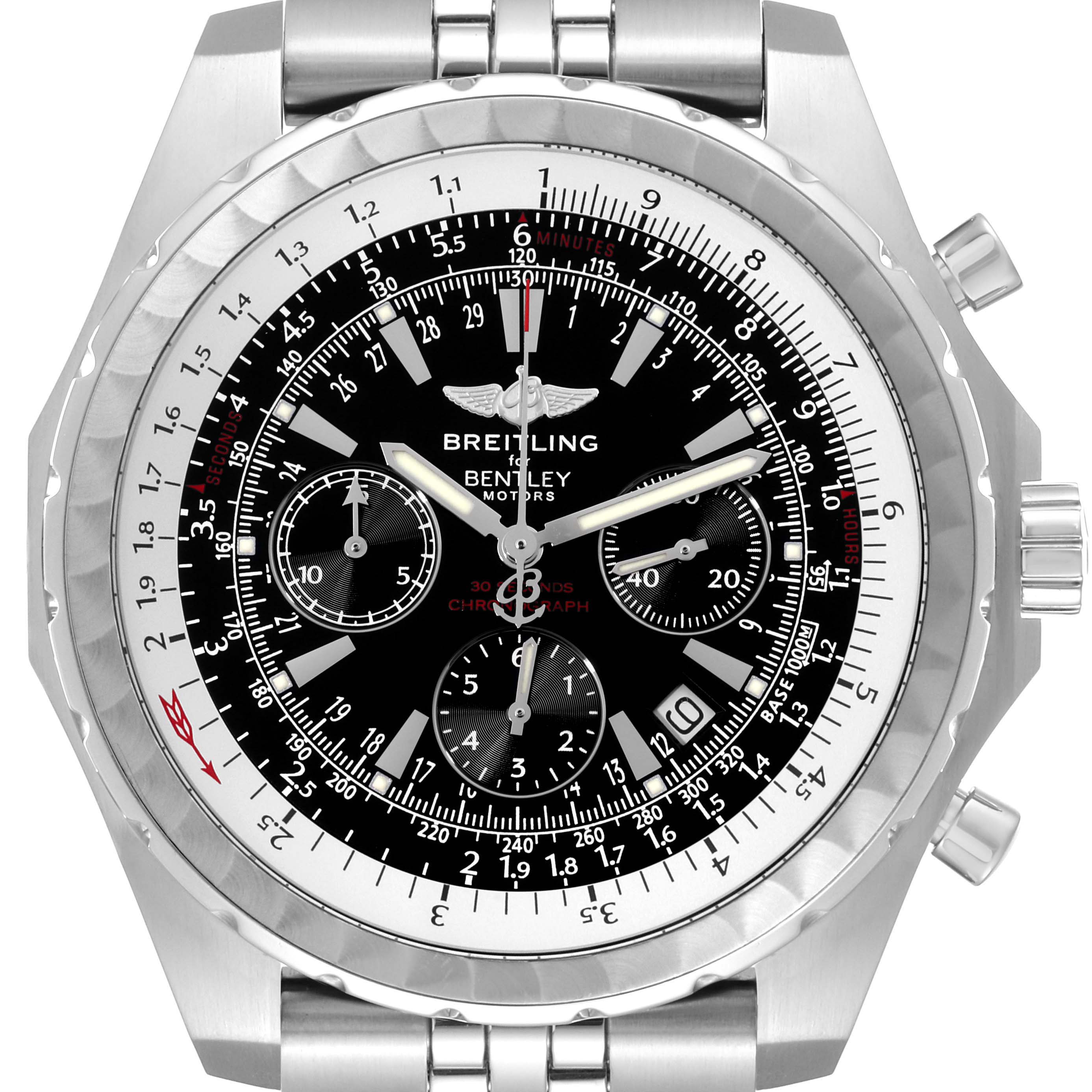 The Bentley model by Breitling is shown from a front angle, displaying the watch face, bezel, and part of the bracelet.