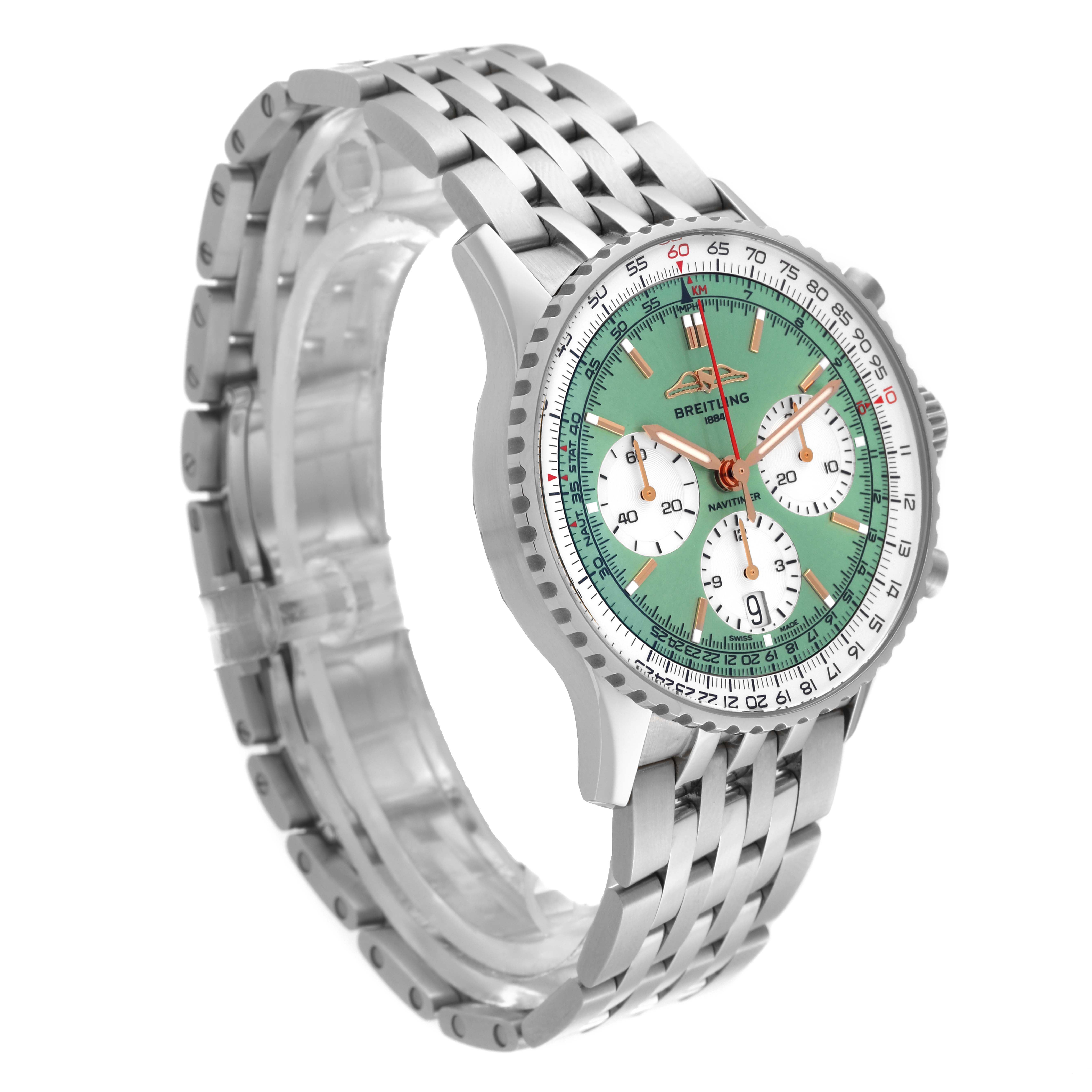 The Breitling Navitimer AB0139211L1P1 Men's Stainless Steel Green Dial AB0139211L1P1 Men's Stainless Steel Green Dial watch is shown at a slight side angle, highlighting the green dial, bezel, and metal bracelet.