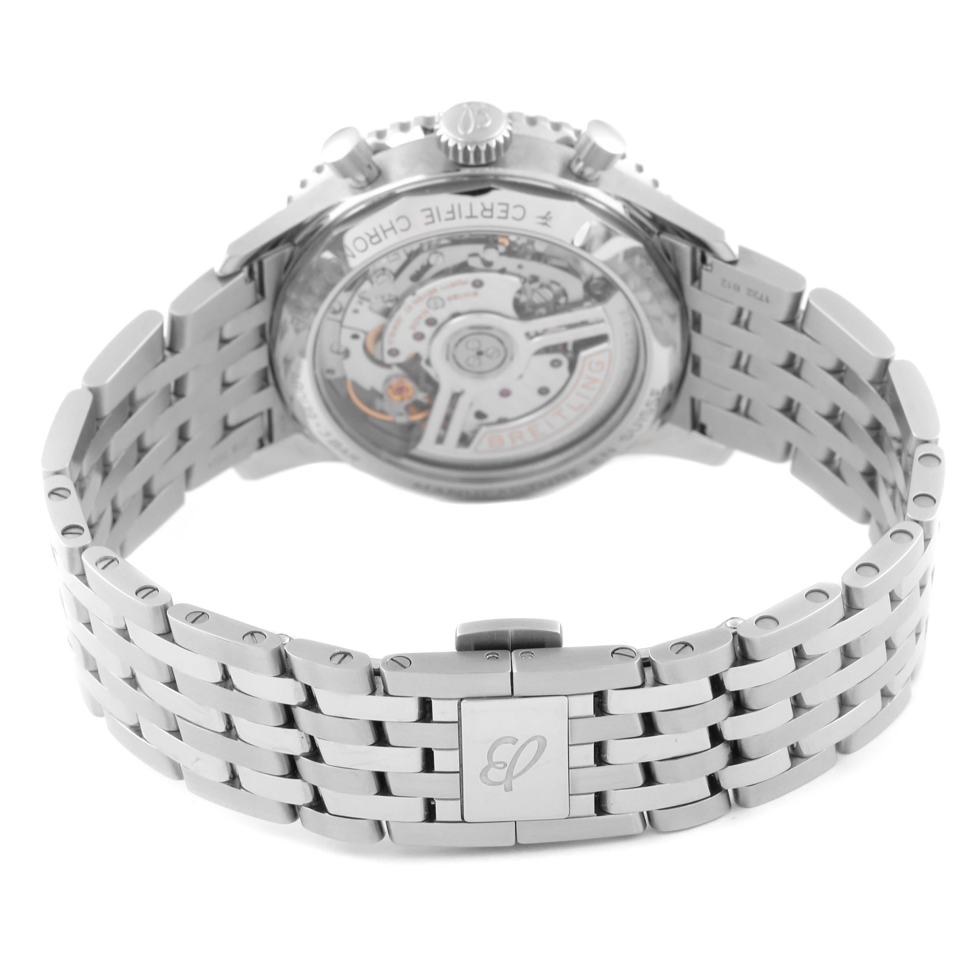 The image shows the back view of a Breitling Navitimer AB0139211L1P1 Men's Stainless Steel Green Dial AB0139211L1P1 Men's Stainless Steel Green Dial watch, highlighting its transparent case back and metal bracelet.