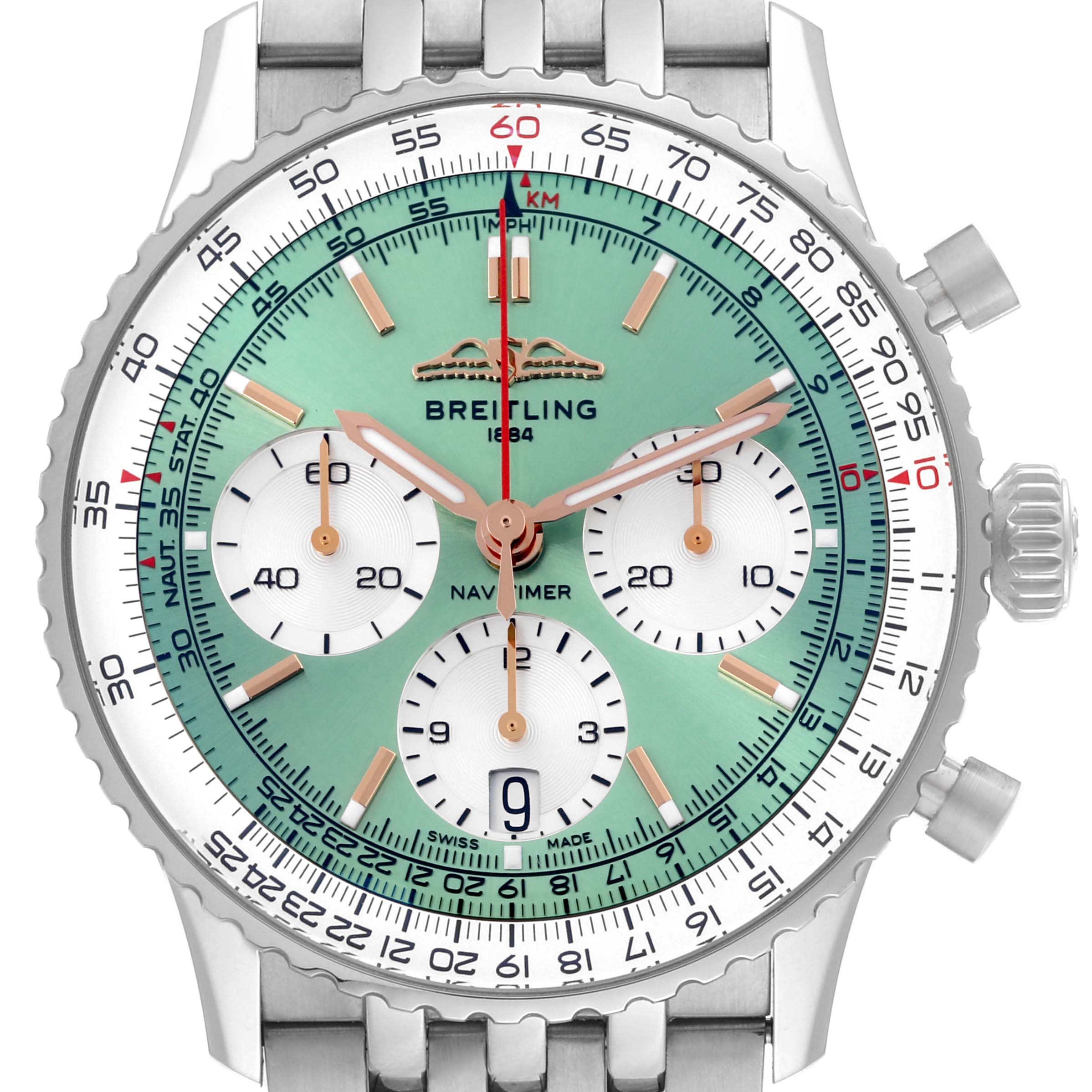 The image shows a frontal view of a Breitling Navitimer AB0139211L1P1 Men's Stainless Steel Green Dial AB0139211L1P1 Men's Stainless Steel Green Dial, highlighting the dial, bezel, and crown.