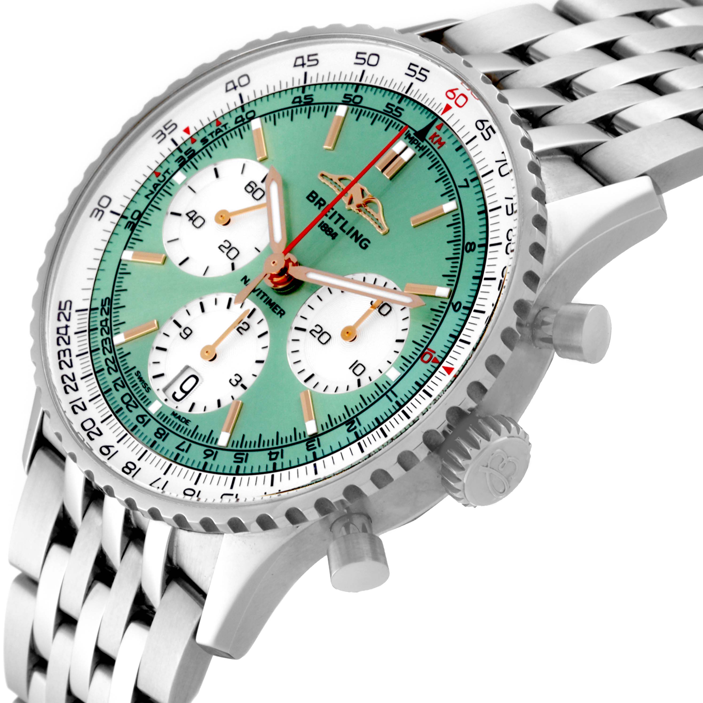 The Breitling Navitimer AB0139211L1P1 Men's Stainless Steel Green Dial AB0139211L1P1 Men's Stainless Steel Green Dial watch is shown at a slight angle, highlighting the bezel, crown, chronograph dials, and bracelet.