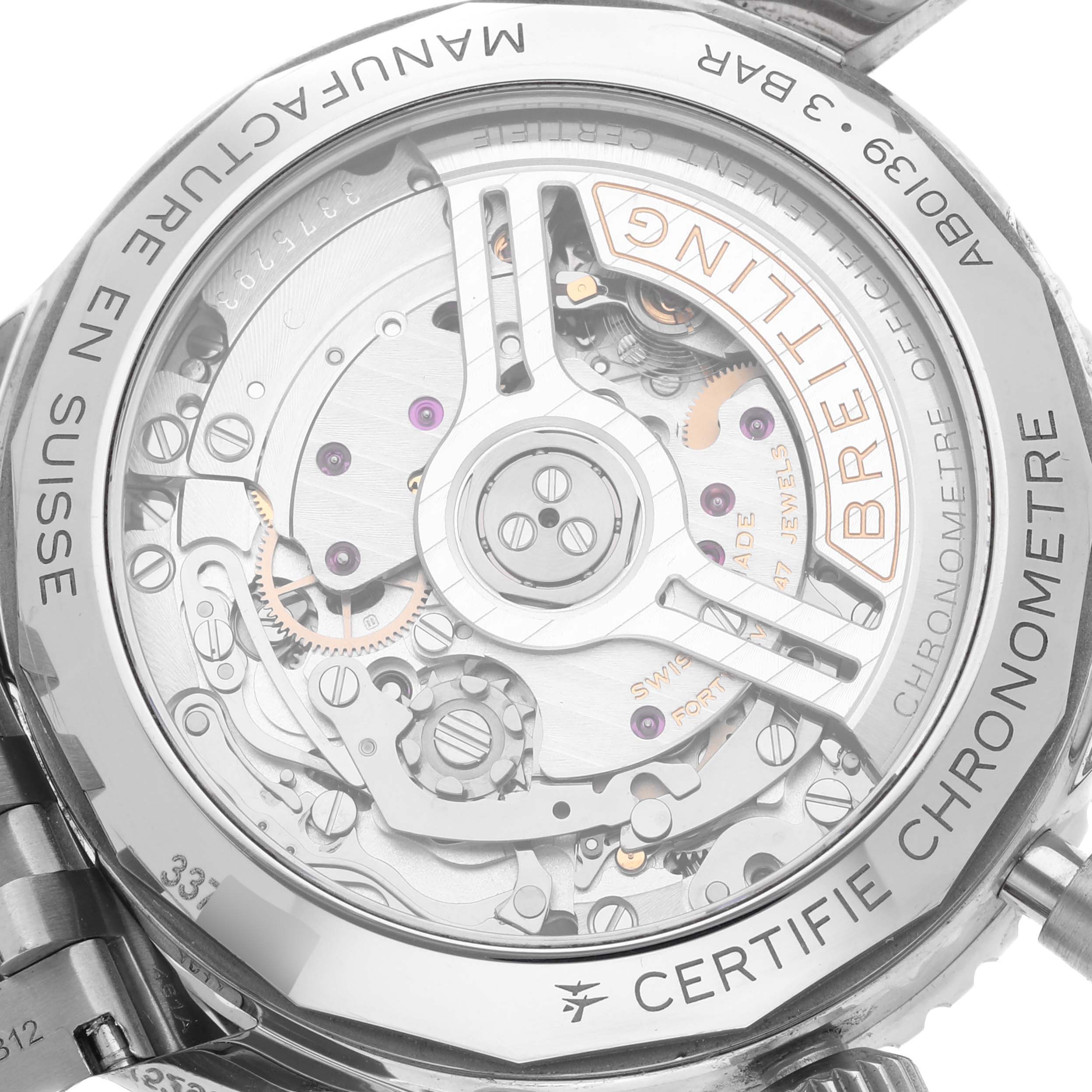 The image shows the Breitling Navitimer AB0139211L1P1 Men's Stainless Steel Green Dial AB0139211L1P1 Men's Stainless Steel Green Dial watch's back, highlighting its detailed mechanical movement.