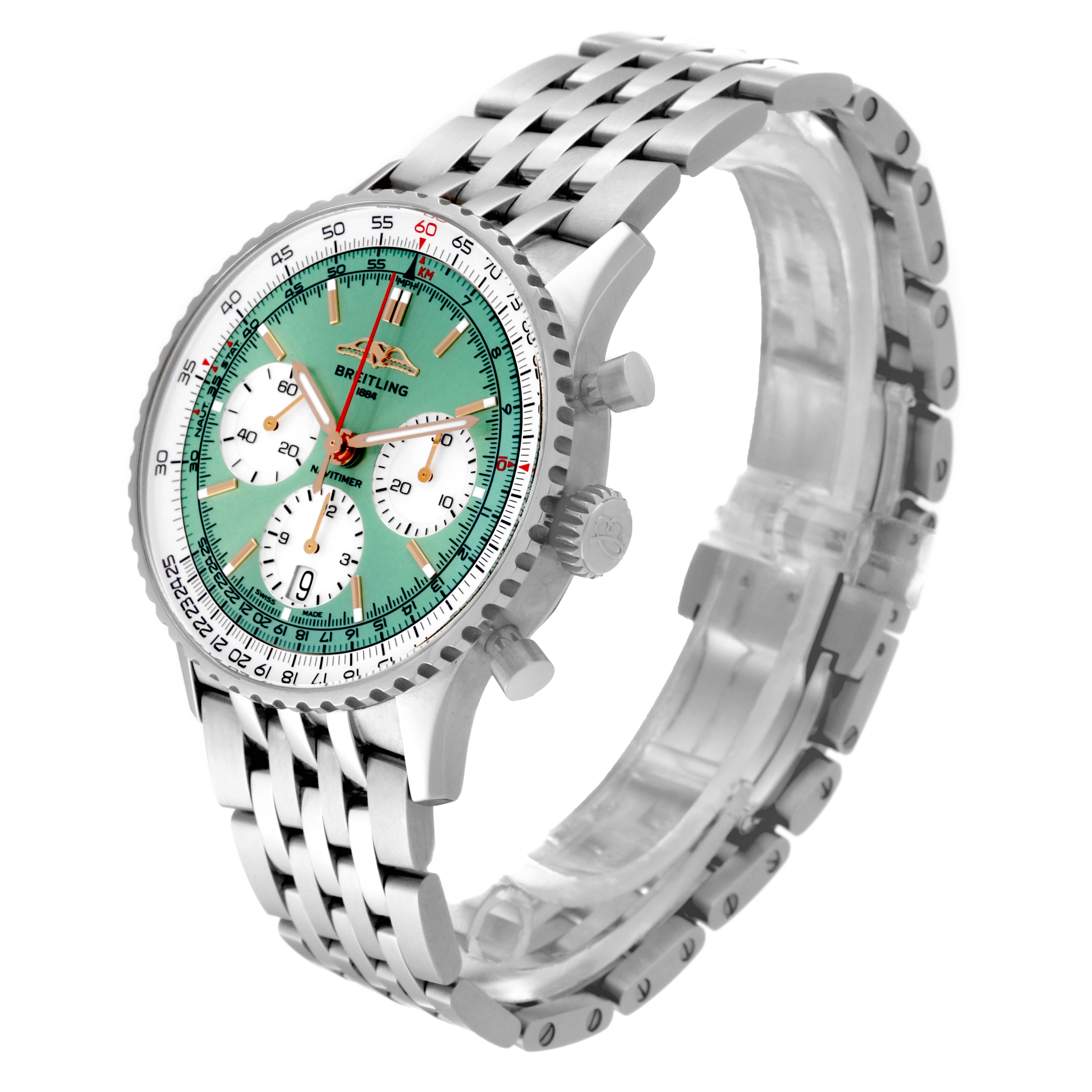 The Breitling Navitimer AB0139211L1P1 Men's Stainless Steel Green Dial AB0139211L1P1 Men's Stainless Steel Green Dial watch is shown at a three-quarter angle, highlighting the face, bezel, and bracelet.
