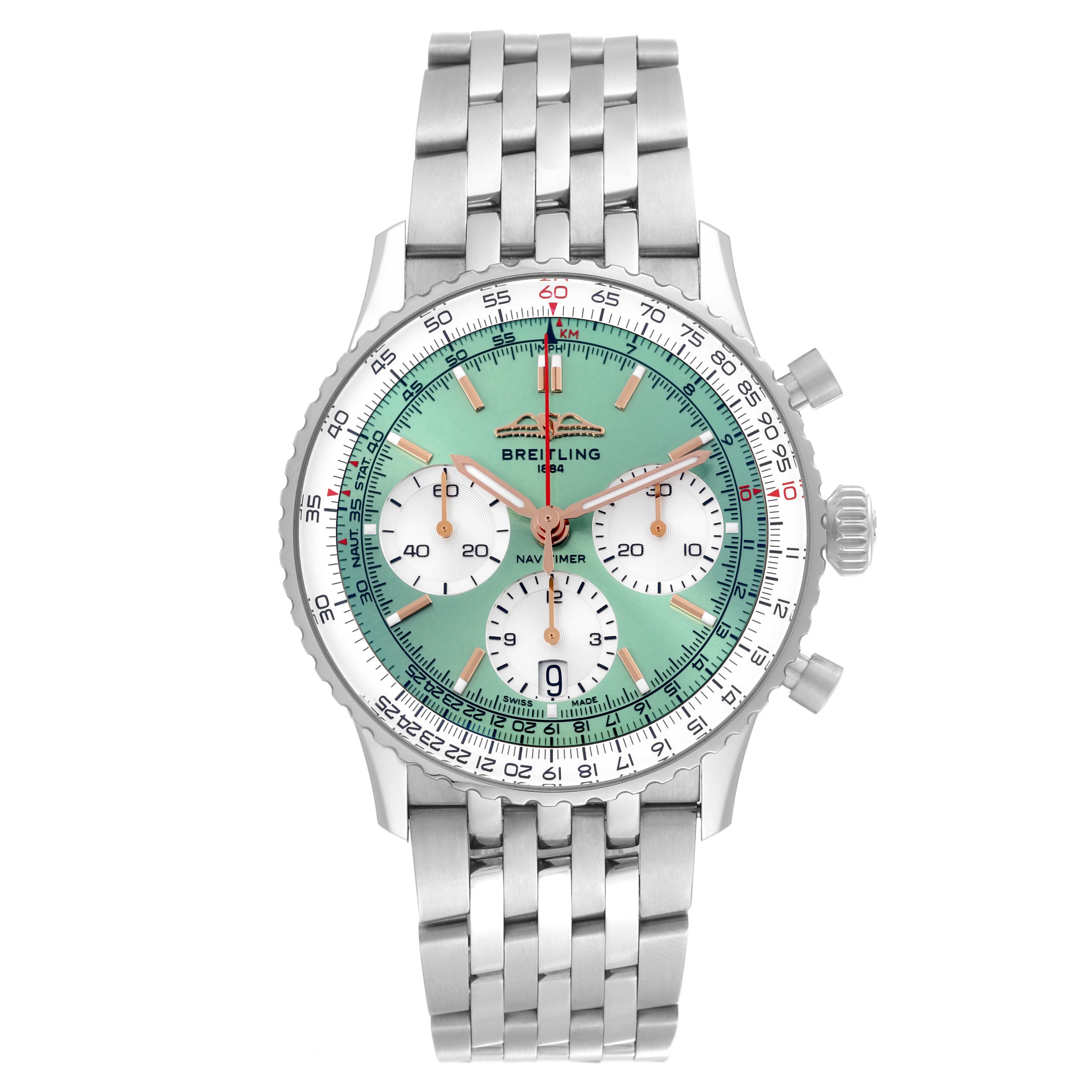 The Breitling Navitimer AB0139211L1P1 Men's Stainless Steel Green Dial AB0139211L1P1 Men's Stainless Steel Green Dial watch is shown from a front angle, displaying the full face and stainless steel bracelet.