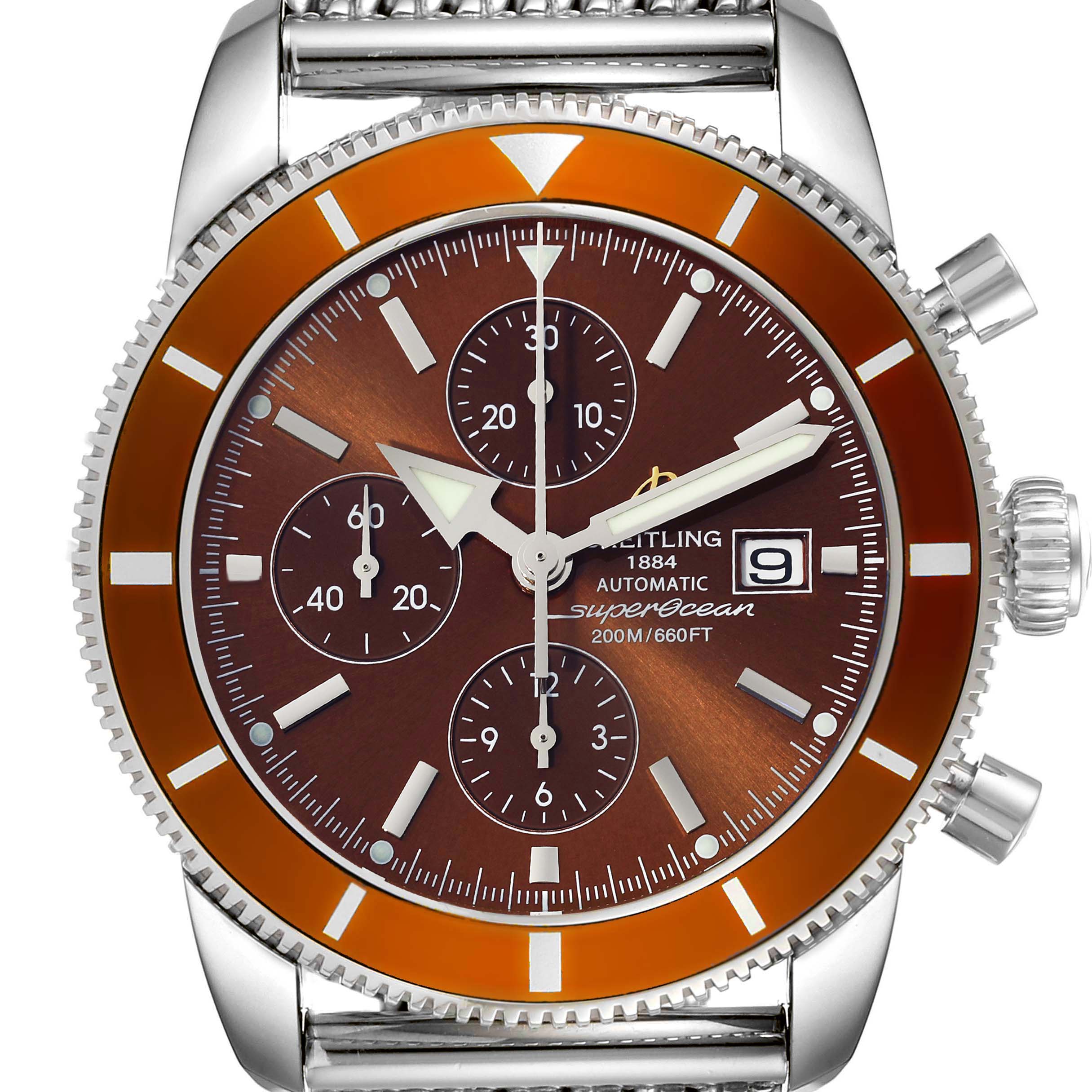 The image shows a close-up of the Breitling Superocean A13320 Men's Stainless Steel Brown Dial A13320 Men's Stainless Steel Brown Dial watch face, including the bezel, dial, subdials, crown, and part of the bracelet.