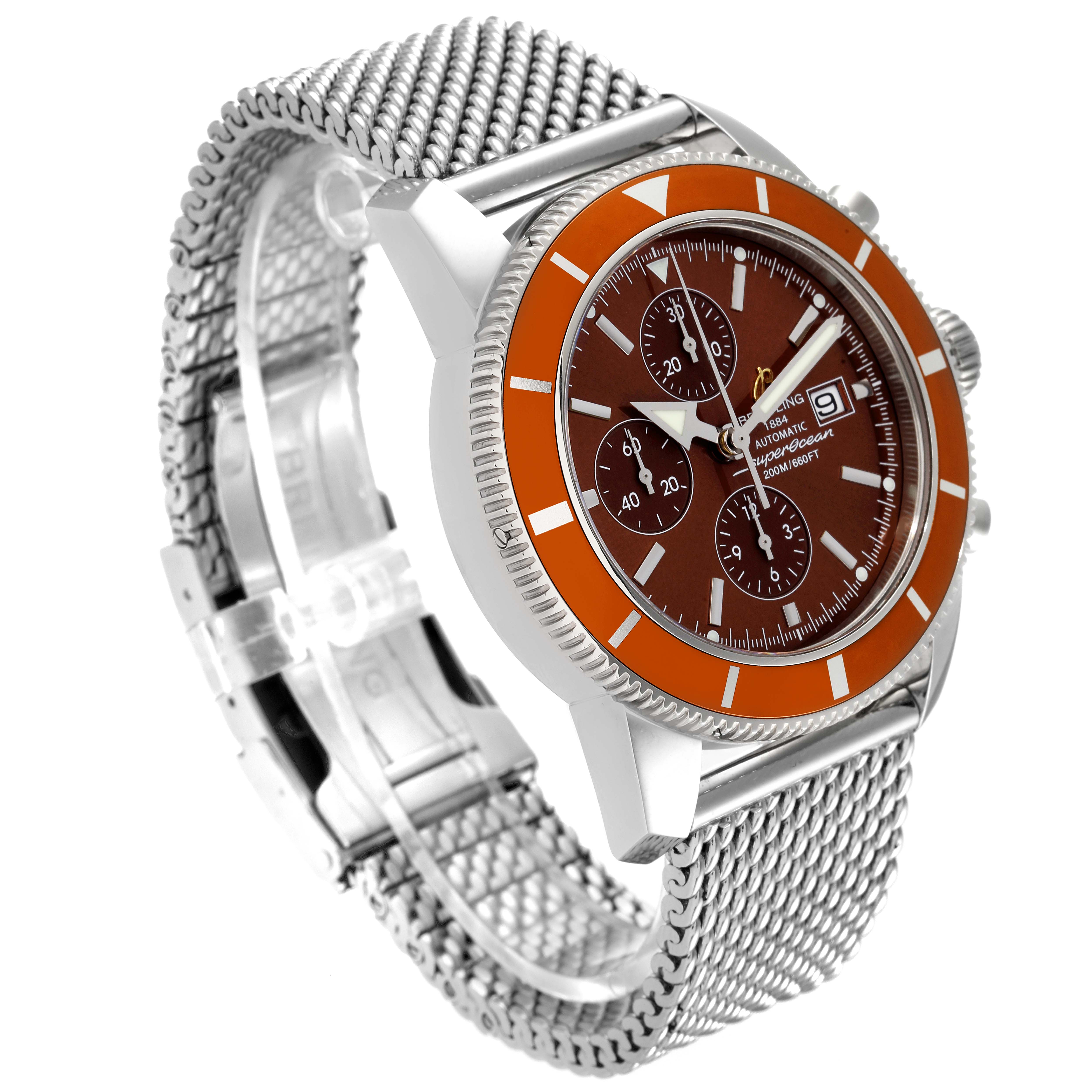 The Breitling Superocean A13320 Men's Stainless Steel Brown Dial A13320 Men's Stainless Steel Brown Dial watch is shown at a three-quarter angle, displaying the dial, bezel, crown, chronograph subdials, and bracelet.