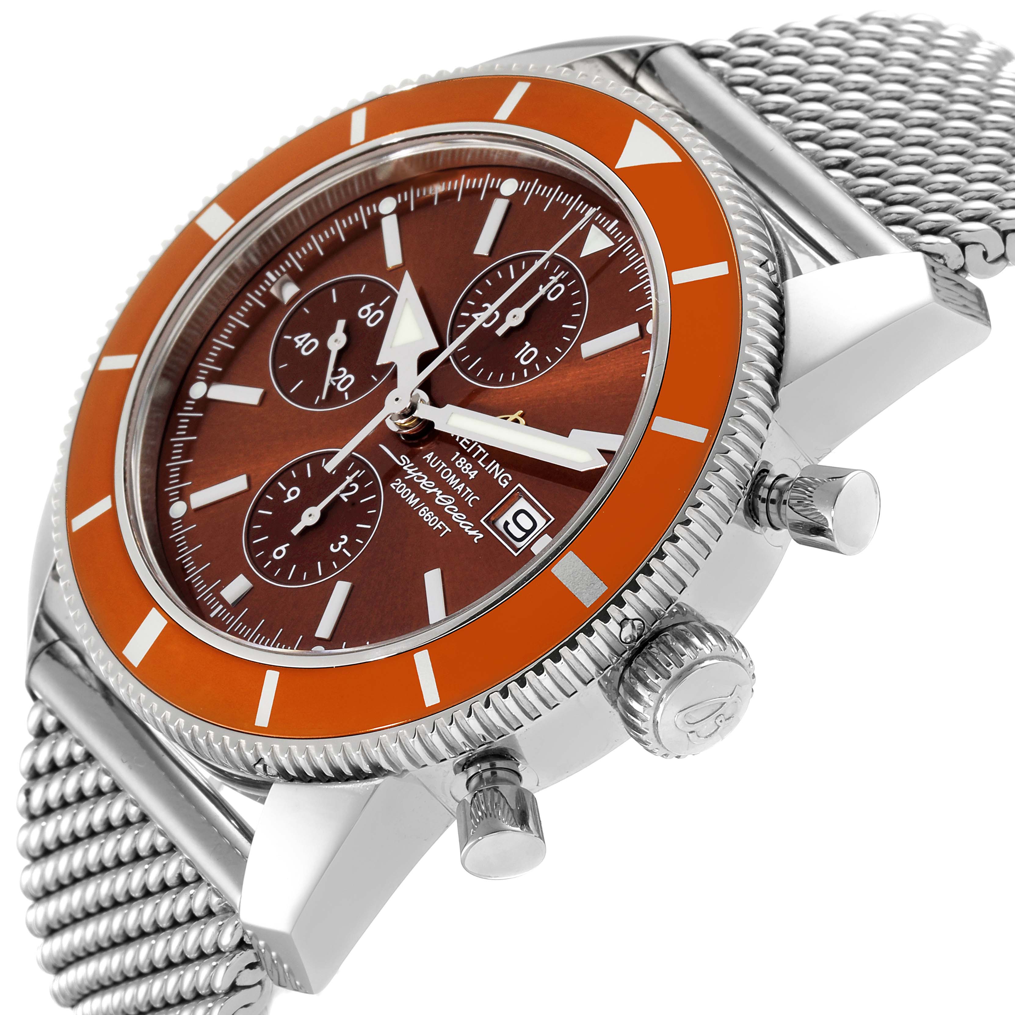 The image shows the Breitling Superocean A13320 Men's Stainless Steel Brown Dial A13320 Men's Stainless Steel Brown Dial watch from a side angle, highlighting the dial, bezel, crown, pushers, and mesh bracelet.