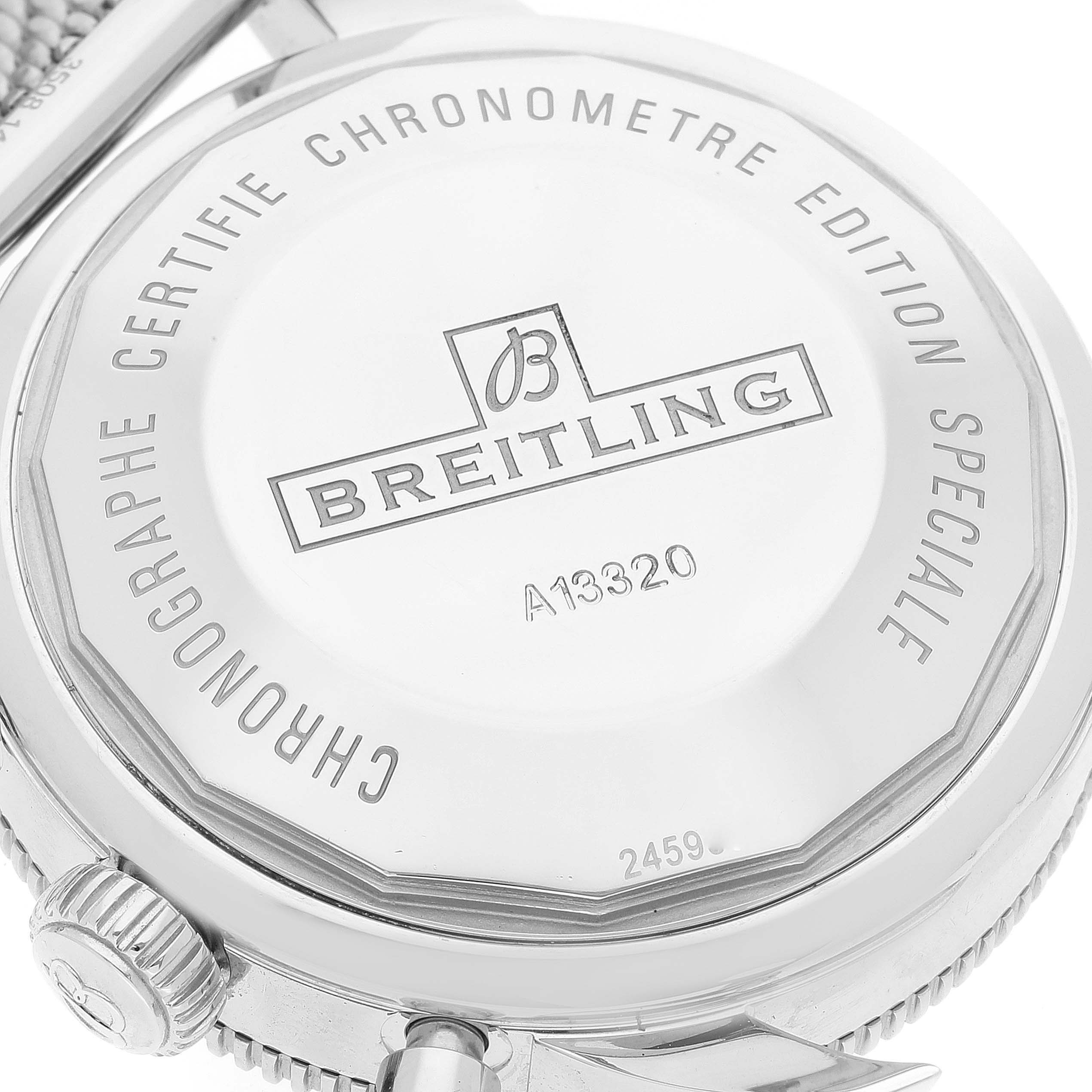 The image shows the back case and crown of a Breitling Superocean A13320 Men's Stainless Steel Brown Dial A13320 Men's Stainless Steel Brown Dial watch, highlighting the engravings and the brand logo.