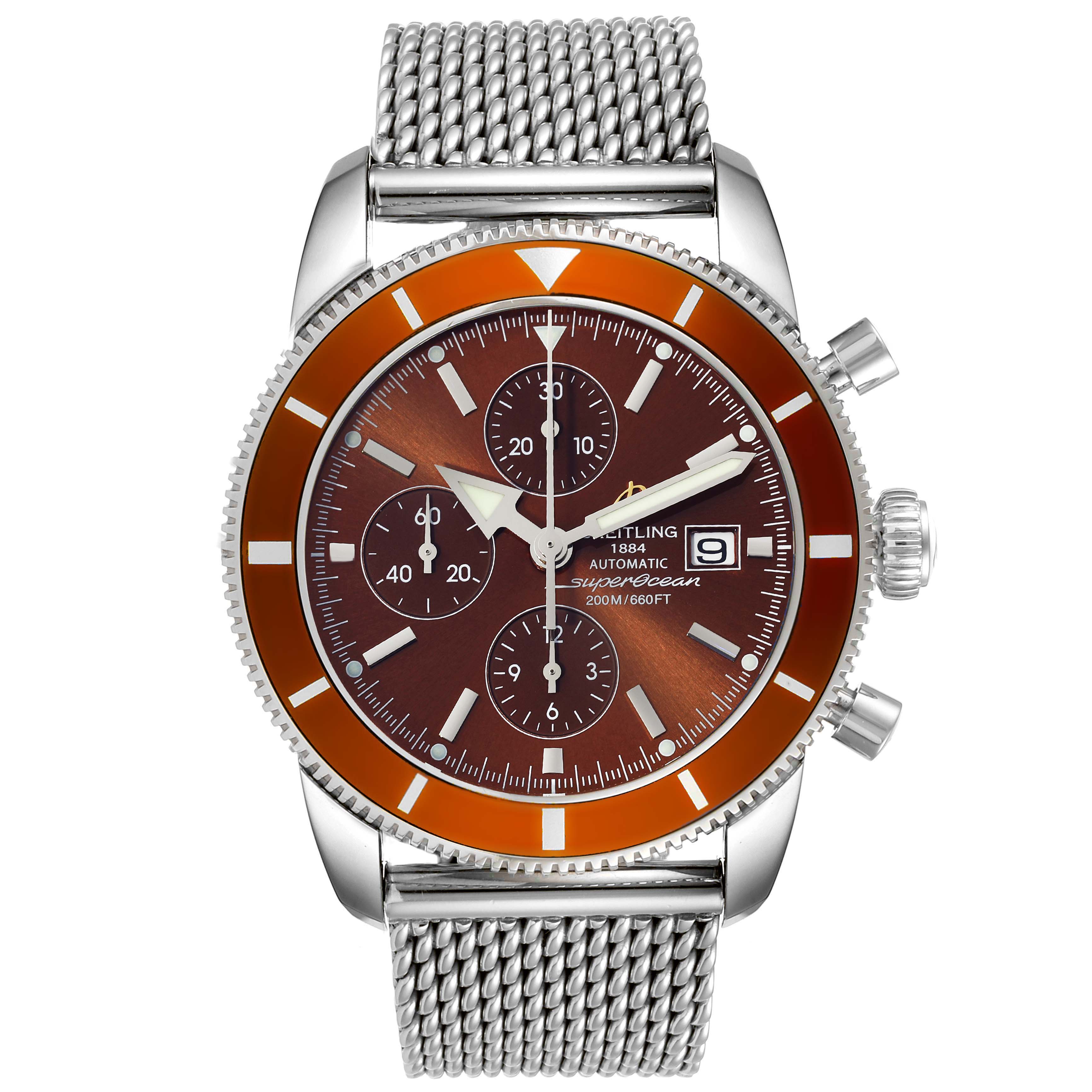 The Breitling Superocean A13320 Men's Stainless Steel Brown Dial A13320 Men's Stainless Steel Brown Dial watch is shown from the front, displaying its dial, bezel, case, and metal mesh band.