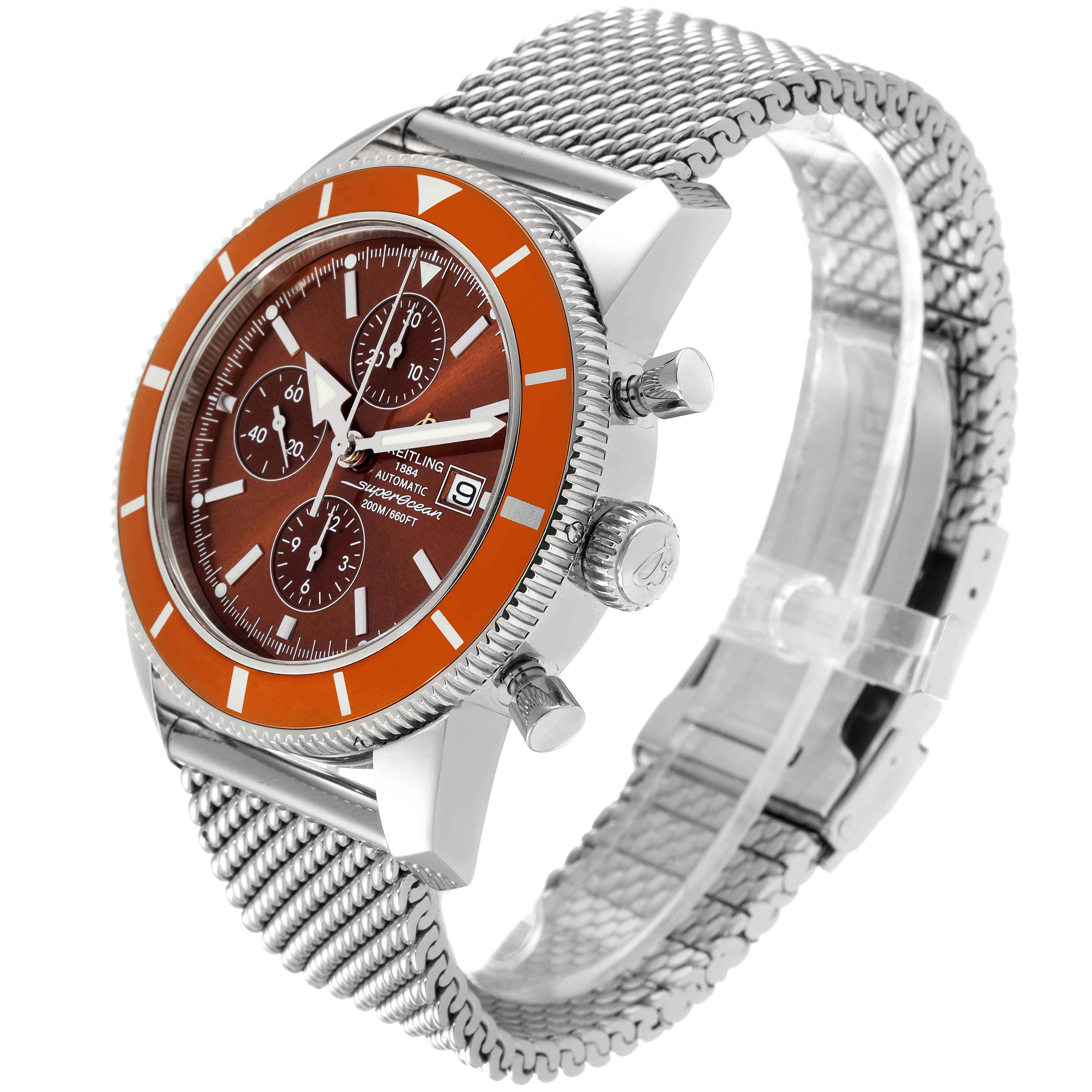 This Breitling Superocean A13320 Men's Stainless Steel Brown Dial A13320 Men's Stainless Steel Brown Dial watch is shown from an angled side view, featuring its orange bezel, crown, chronograph pushers, and metal mesh strap.