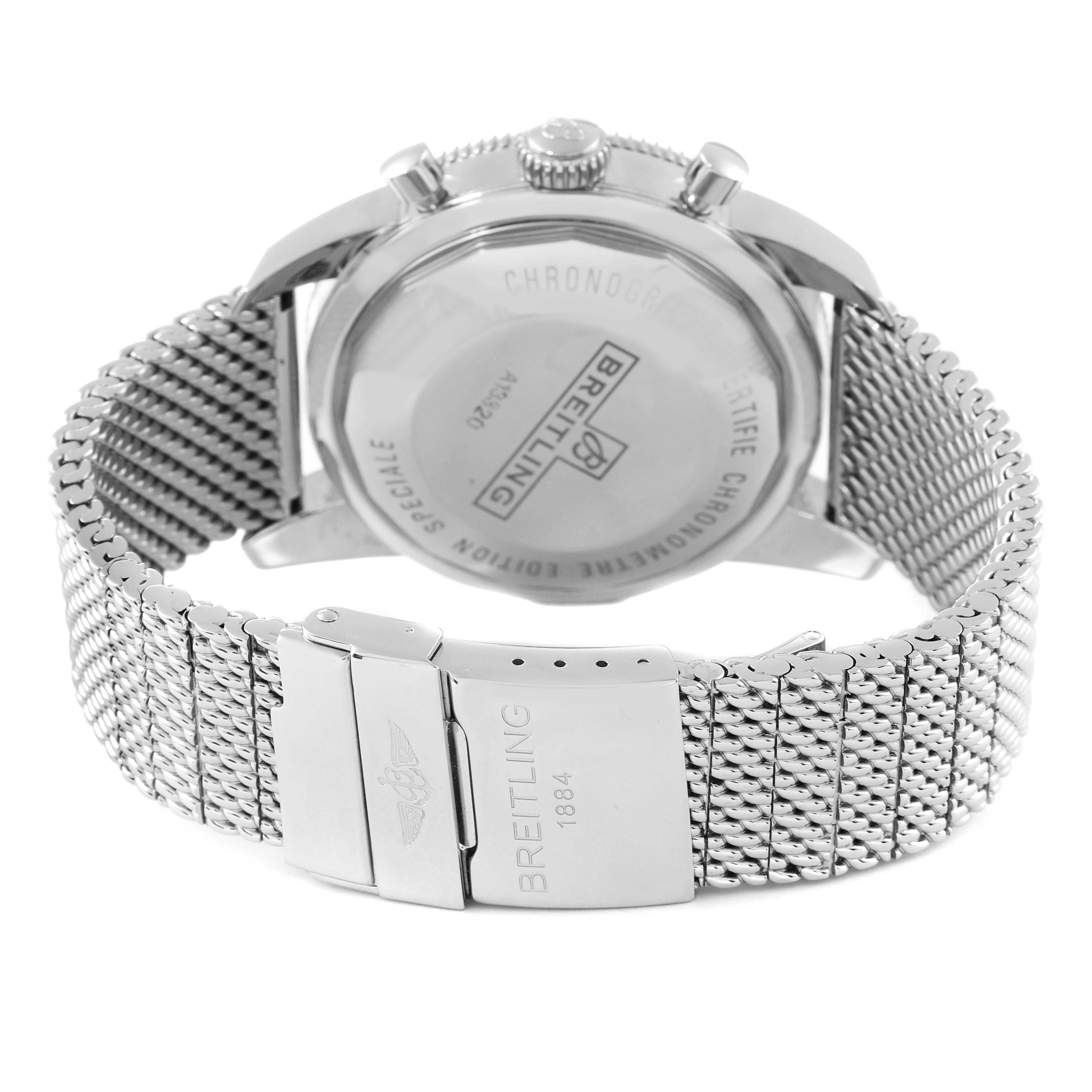 The image shows the back of a Breitling Superocean A13320 Men's Stainless Steel Brown Dial A13320 Men's Stainless Steel Brown Dial watch, including the case back and the metal bracelet with a clasp.