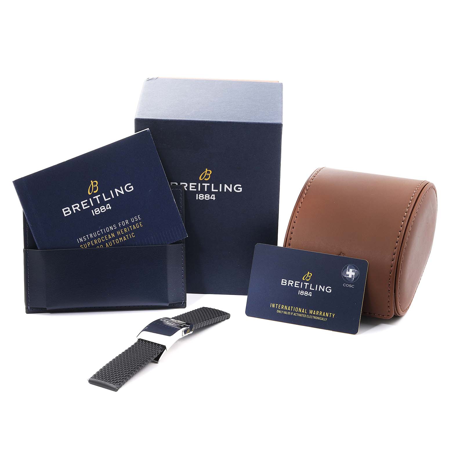 This is an image showing Breitling Superocean AB2010161C1A1 Men's Stainless Steel Black Dial AB2010161C1A1 Men's Stainless Steel Black Dial watch accessories, including a strap, documentation, box, and watch case.