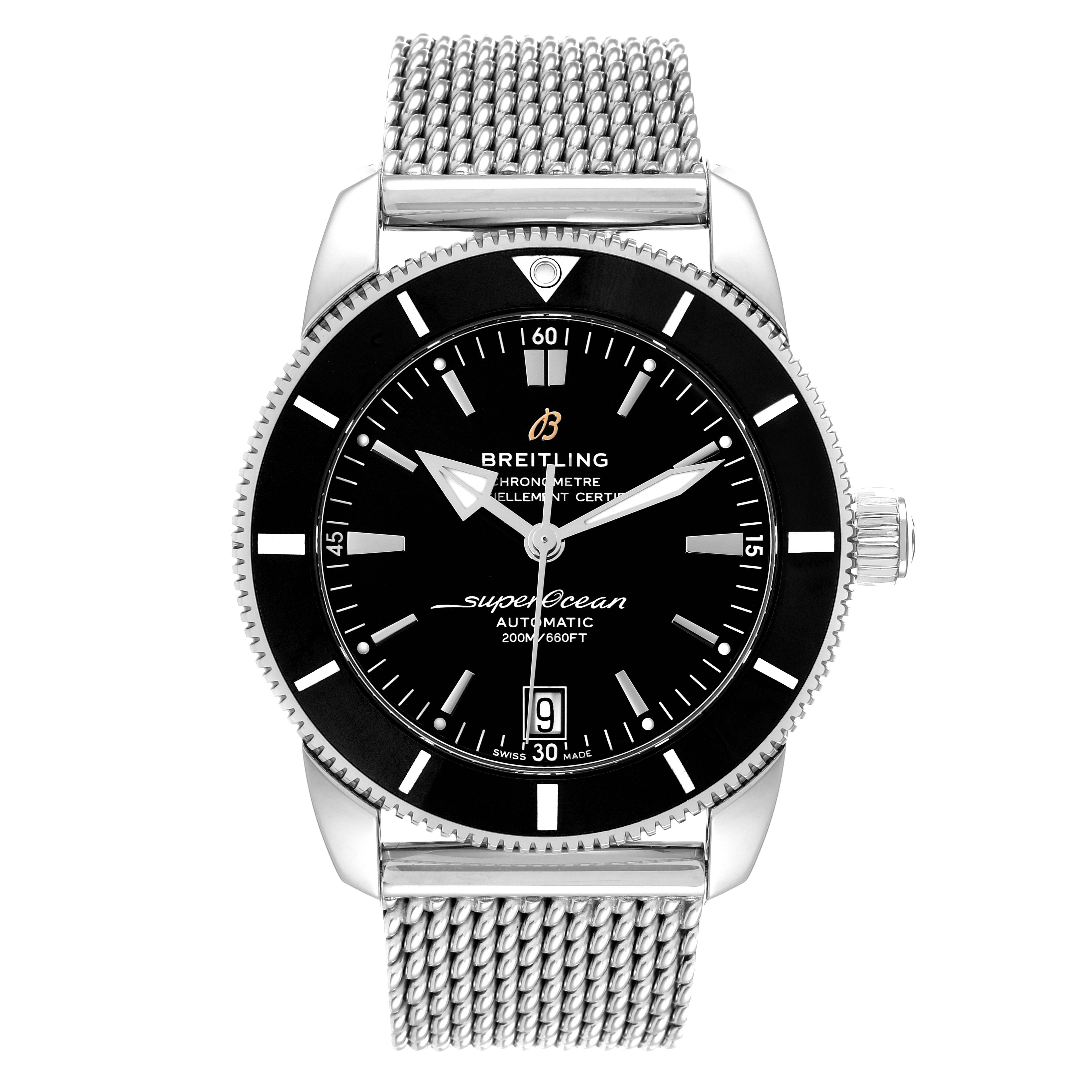 The Breitling Superocean AB2010161C1A1 Men's Stainless Steel Black Dial AB2010161C1A1 Men's Stainless Steel Black Dial watch is shown from the front, highlighting its dial, bezel, crown, and mesh bracelet.