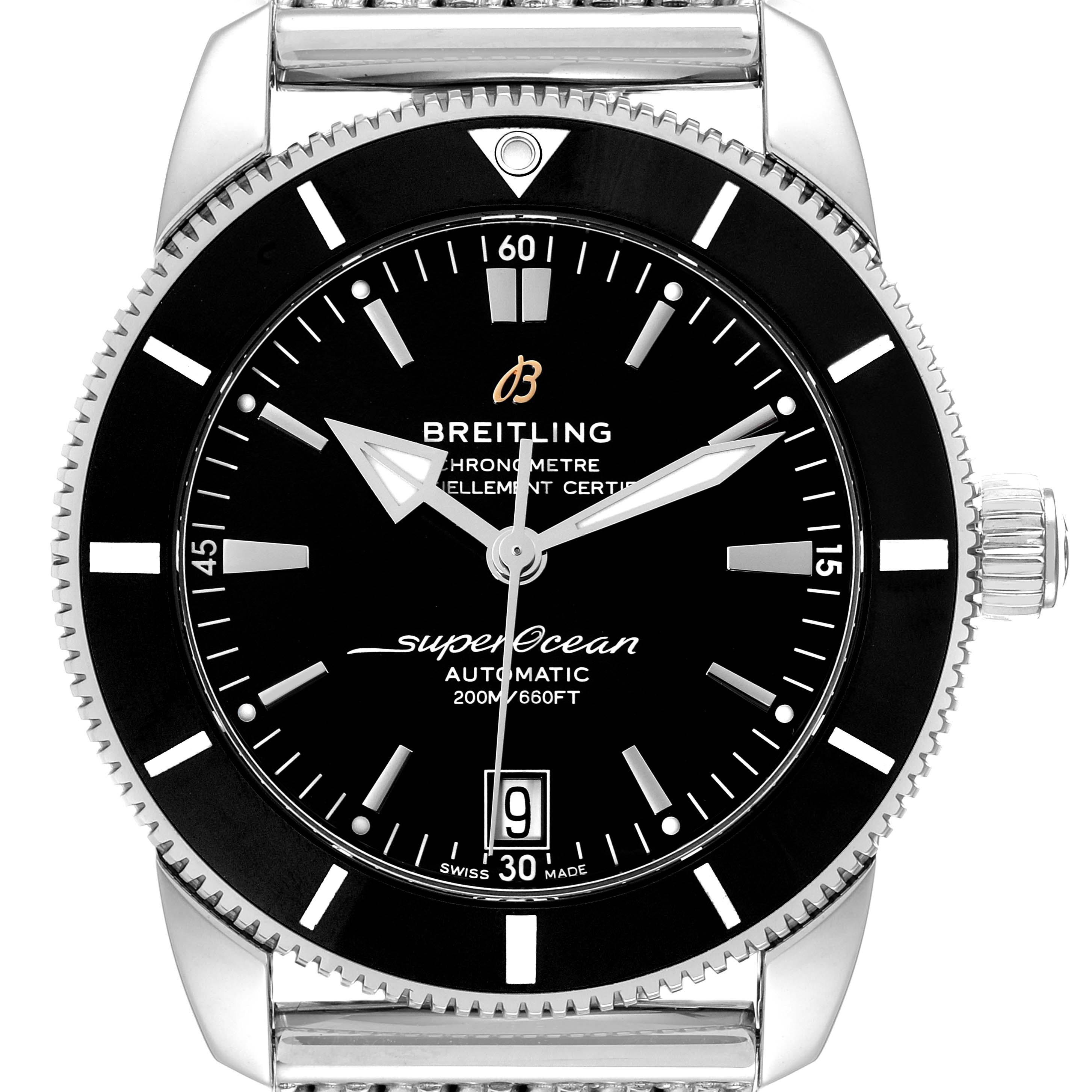 The image shows a frontal view of the Breitling Superocean AB2010161C1A1 Men's Stainless Steel Black Dial AB2010161C1A1 Men's Stainless Steel Black Dial watch featuring the dial, bezel, and part of the crown.