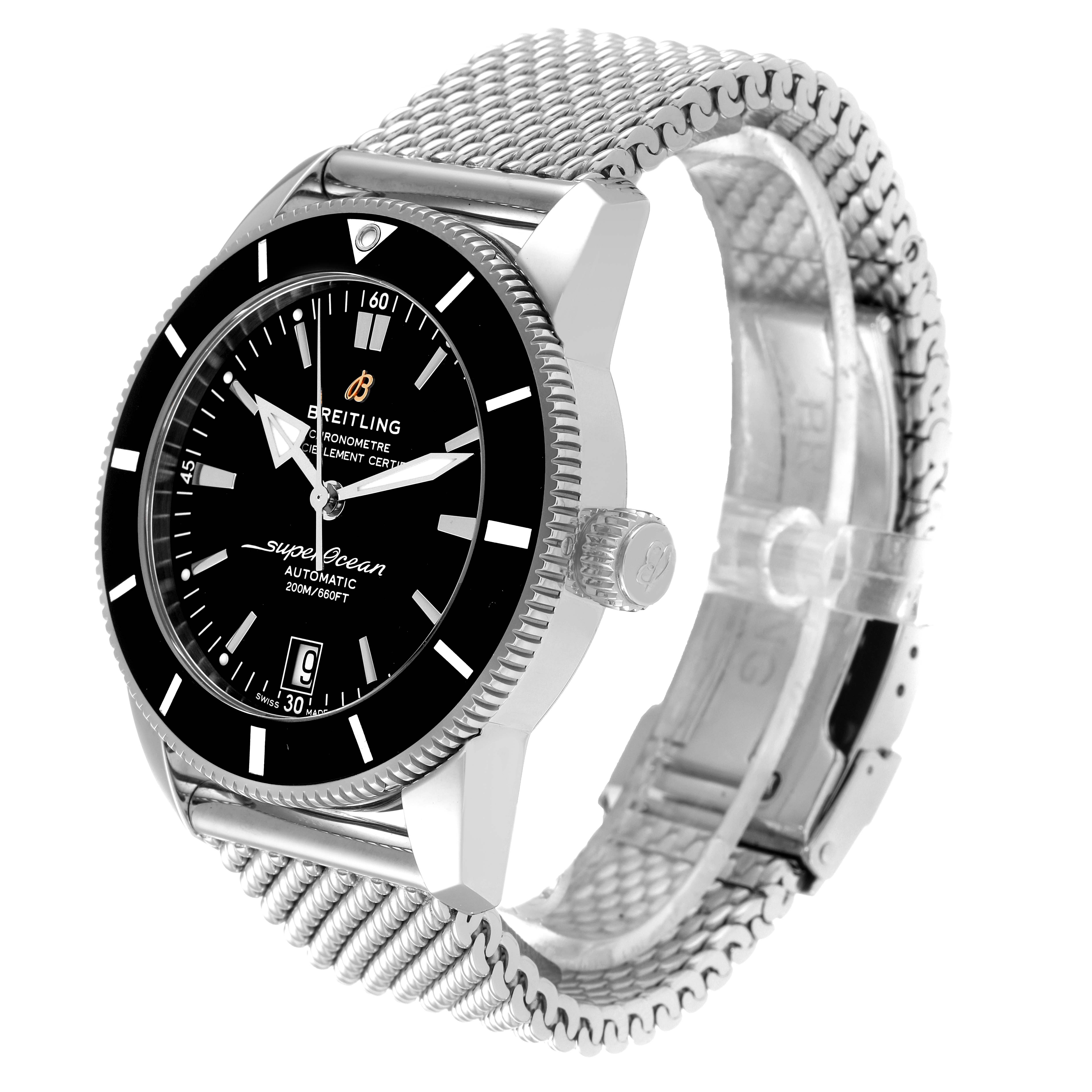 This image shows a Breitling Superocean AB2010161C1A1 Men's Stainless Steel Black Dial AB2010161C1A1 Men's Stainless Steel Black Dial model watch at a three-quarter angle, highlighting the face, bezel, and part of the metal strap.