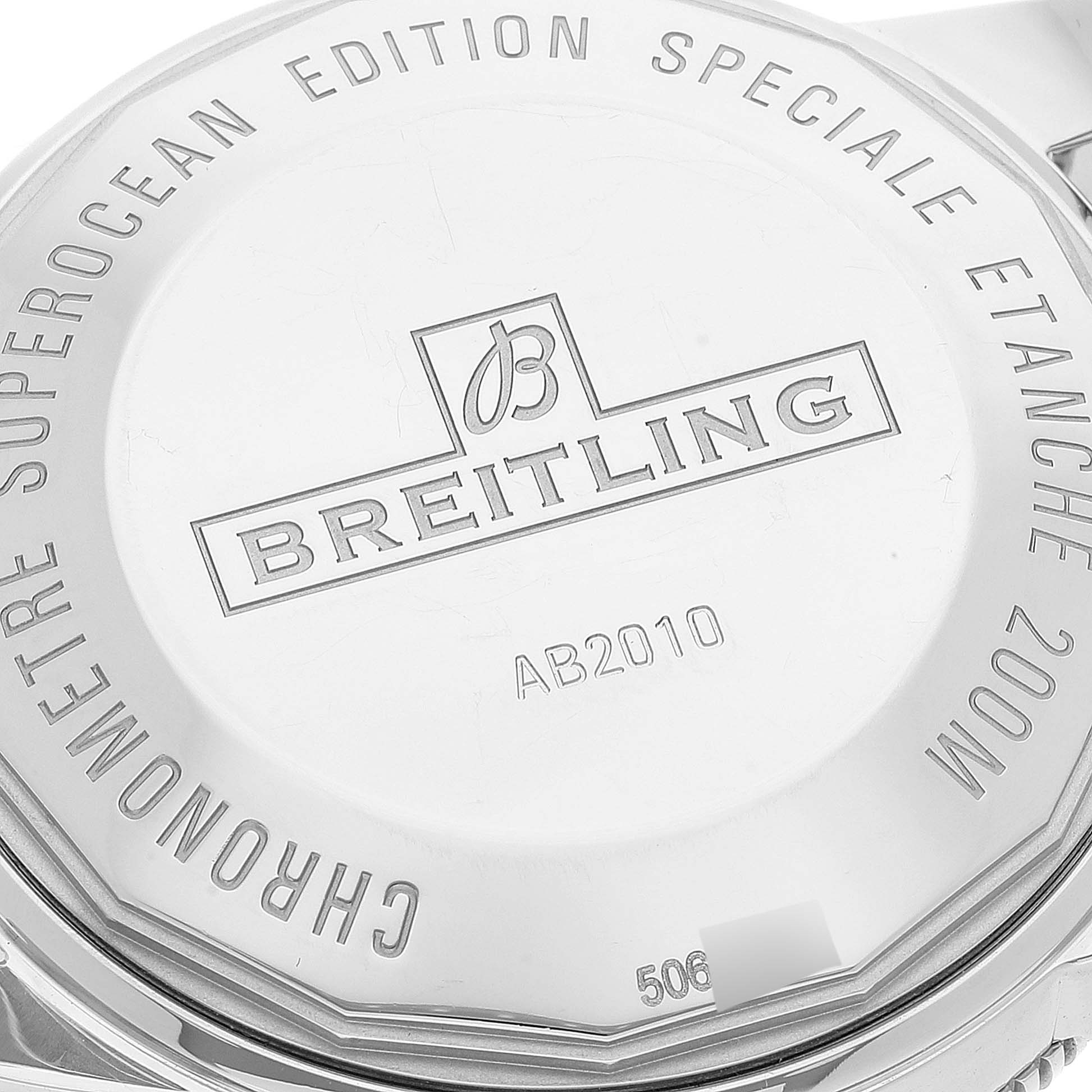 The image shows the back case of a Breitling Superocean AB2010161C1A1 Men's Stainless Steel Black Dial AB2010161C1A1 Men's Stainless Steel Black Dial watch with engraved details and logos visible.