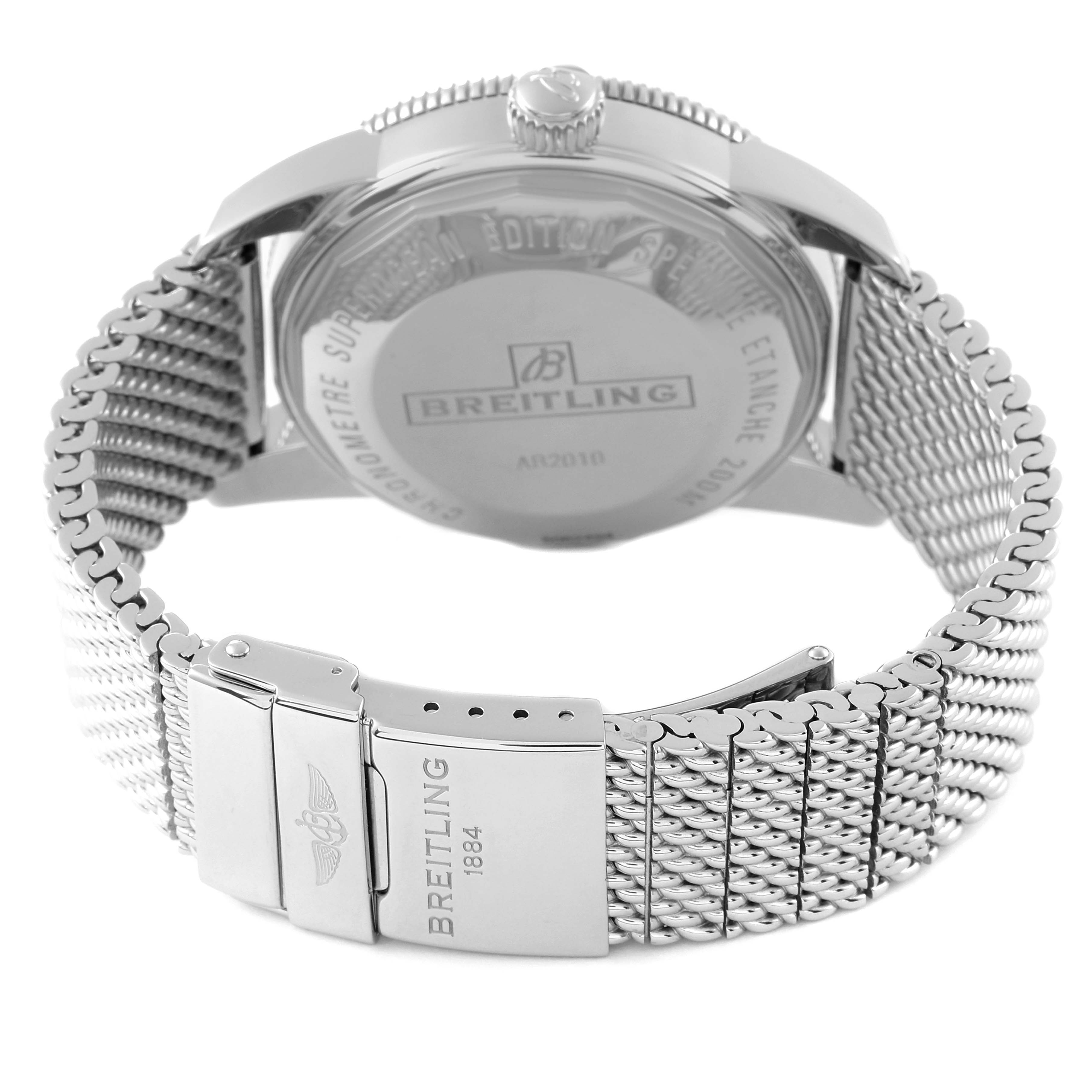 The image shows the back and clasp of a Breitling Superocean AB2010161C1A1 Men's Stainless Steel Black Dial AB2010161C1A1 Men's Stainless Steel Black Dial watch with a stainless steel mesh bracelet.