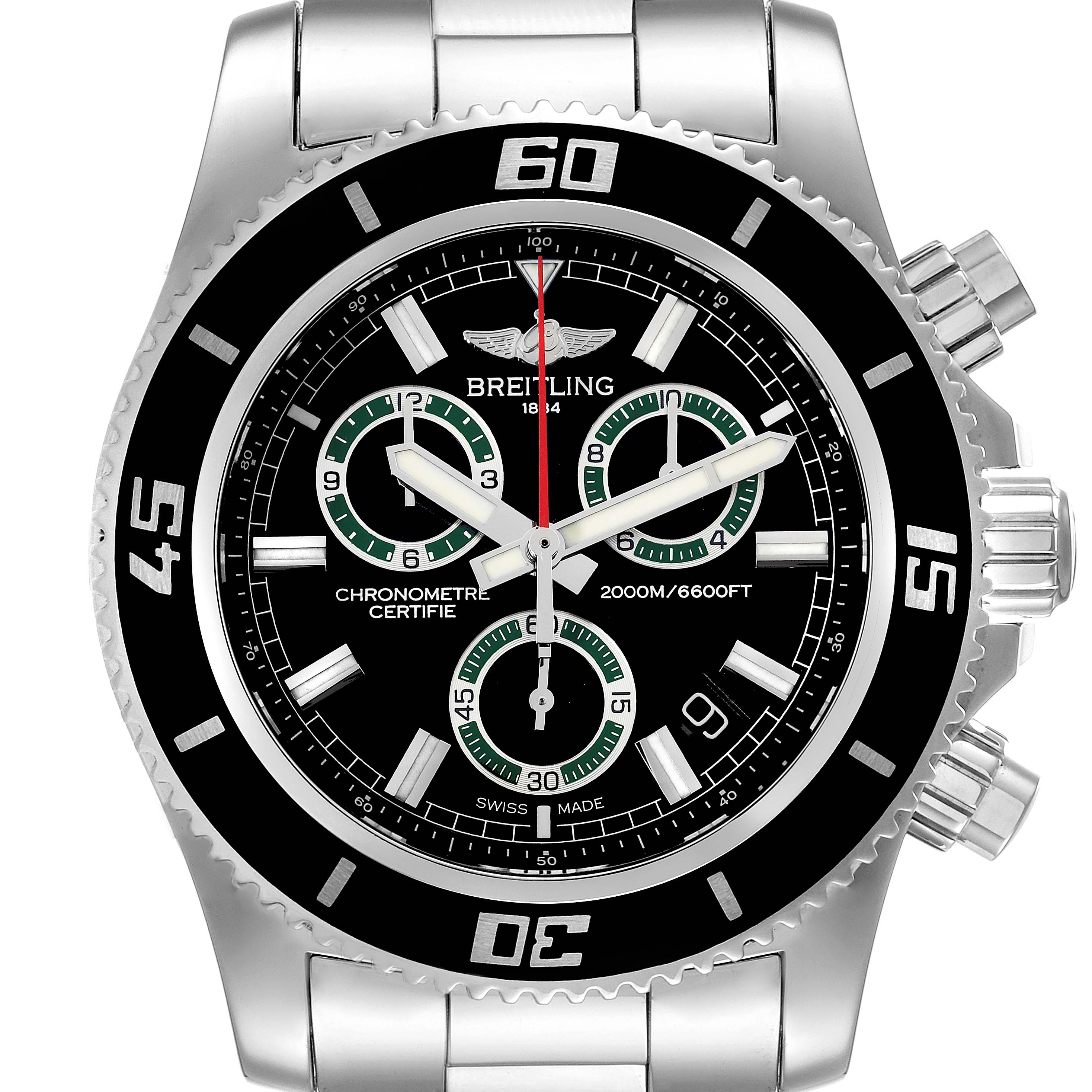 This image shows the front view of a Breitling Superocean A73310 Men's Stainless Steel Black Dial A73310 Men's Stainless Steel Black Dial watch, featuring the dial, bezel, and part of the metal bracelet.