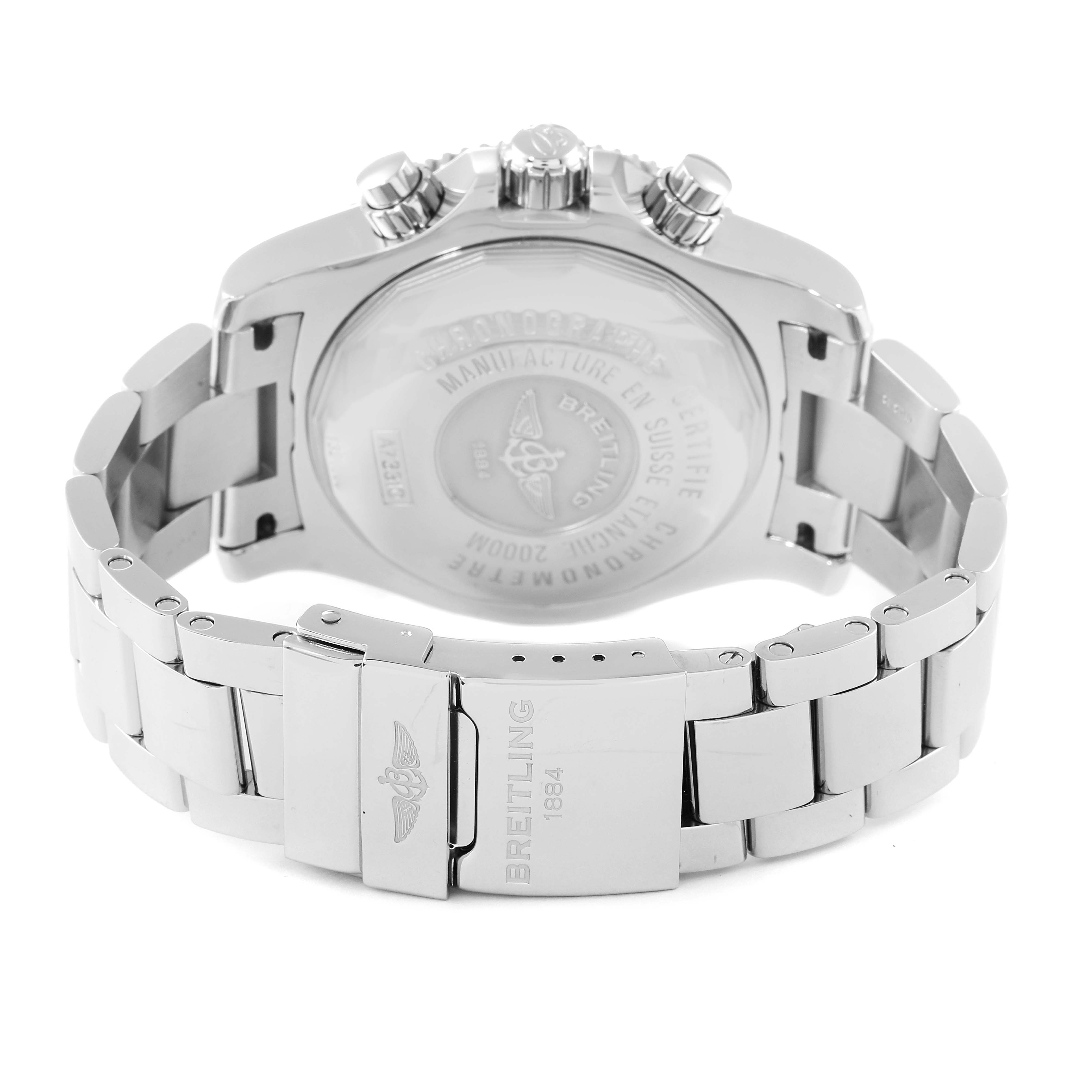 The image shows the back angle of a Breitling Superocean A73310 Men's Stainless Steel Black Dial A73310 Men's Stainless Steel Black Dial watch, displaying its case back, crown, and metal bracelet with a clasp.