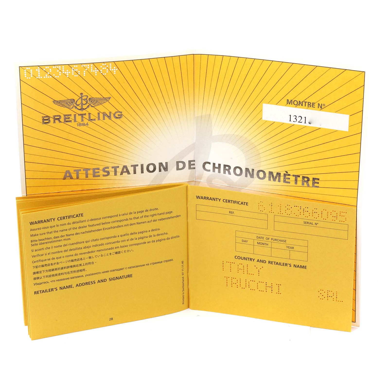 This image shows the warranty certificate and chronometer attestation for the Breitling Superocean A73310 Men's Stainless Steel Black Dial A73310 Men's Stainless Steel Black Dial watch.
