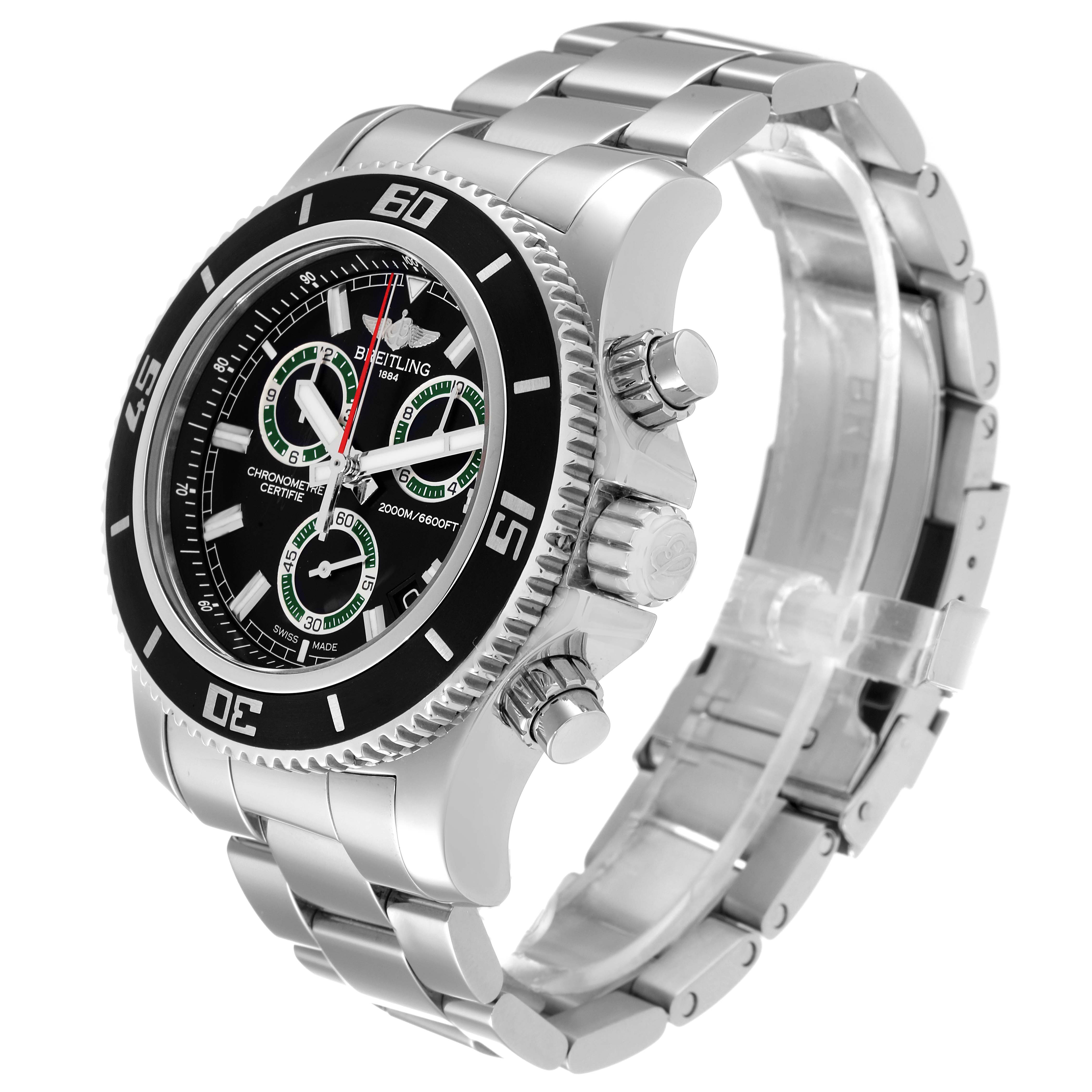 The image shows a Breitling Superocean A73310 Men's Stainless Steel Black Dial A73310 Men's Stainless Steel Black Dial watch at an angled view, displaying the face, bezel, crown, and metallic bracelet.