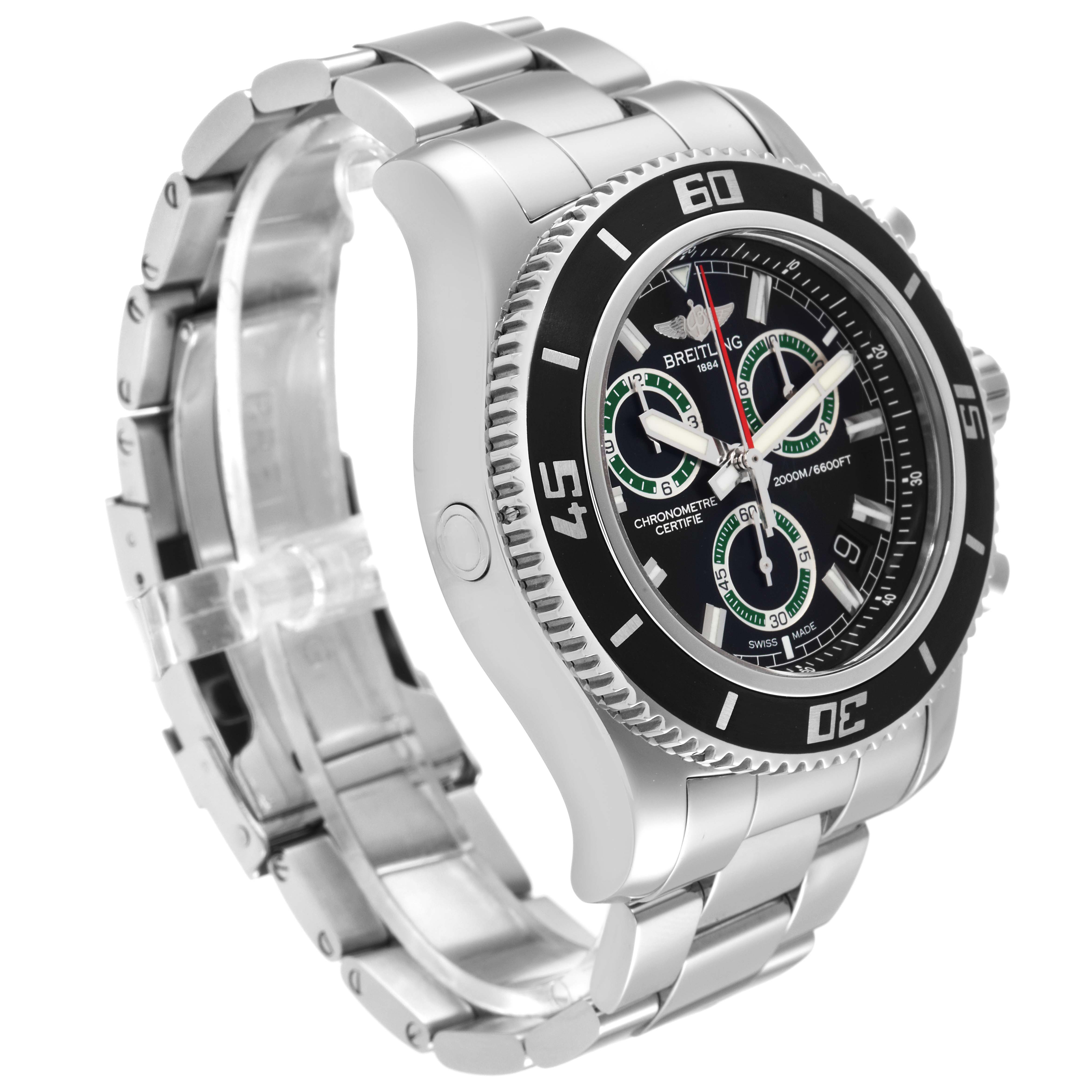 This image shows a side view of the Breitling Superocean A73310 Men's Stainless Steel Black Dial A73310 Men's Stainless Steel Black Dial watch, highlighting the bezel, dial, and metal bracelet.