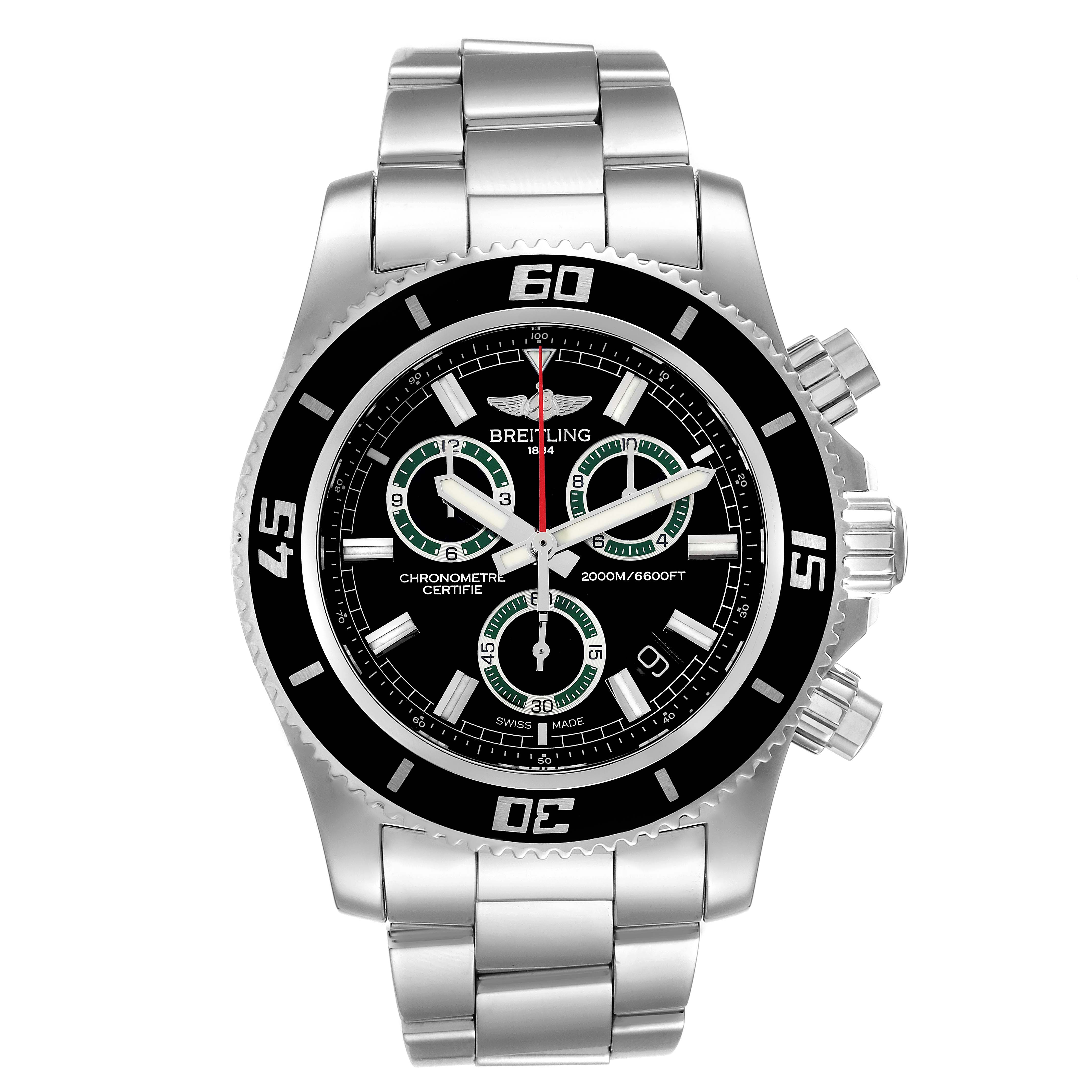 This Breitling Superocean A73310 Men's Stainless Steel Black Dial A73310 Men's Stainless Steel Black Dial watch is displayed from a front view, showing the dial, bezel, crown, and stainless steel bracelet.