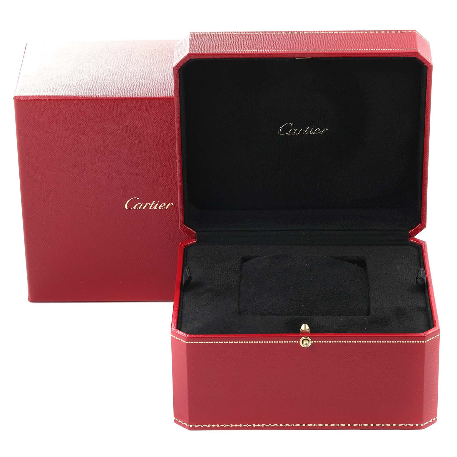 This image shows the open and closed red presentation boxes for the Calibre de Cartier model by Cartier.
