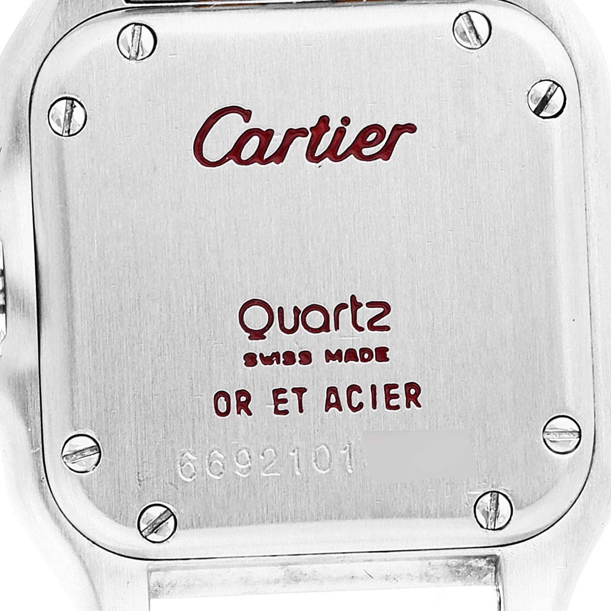This image shows the backside of the Cartier Panthère model watch, highlighting branding, model information, and serial number.