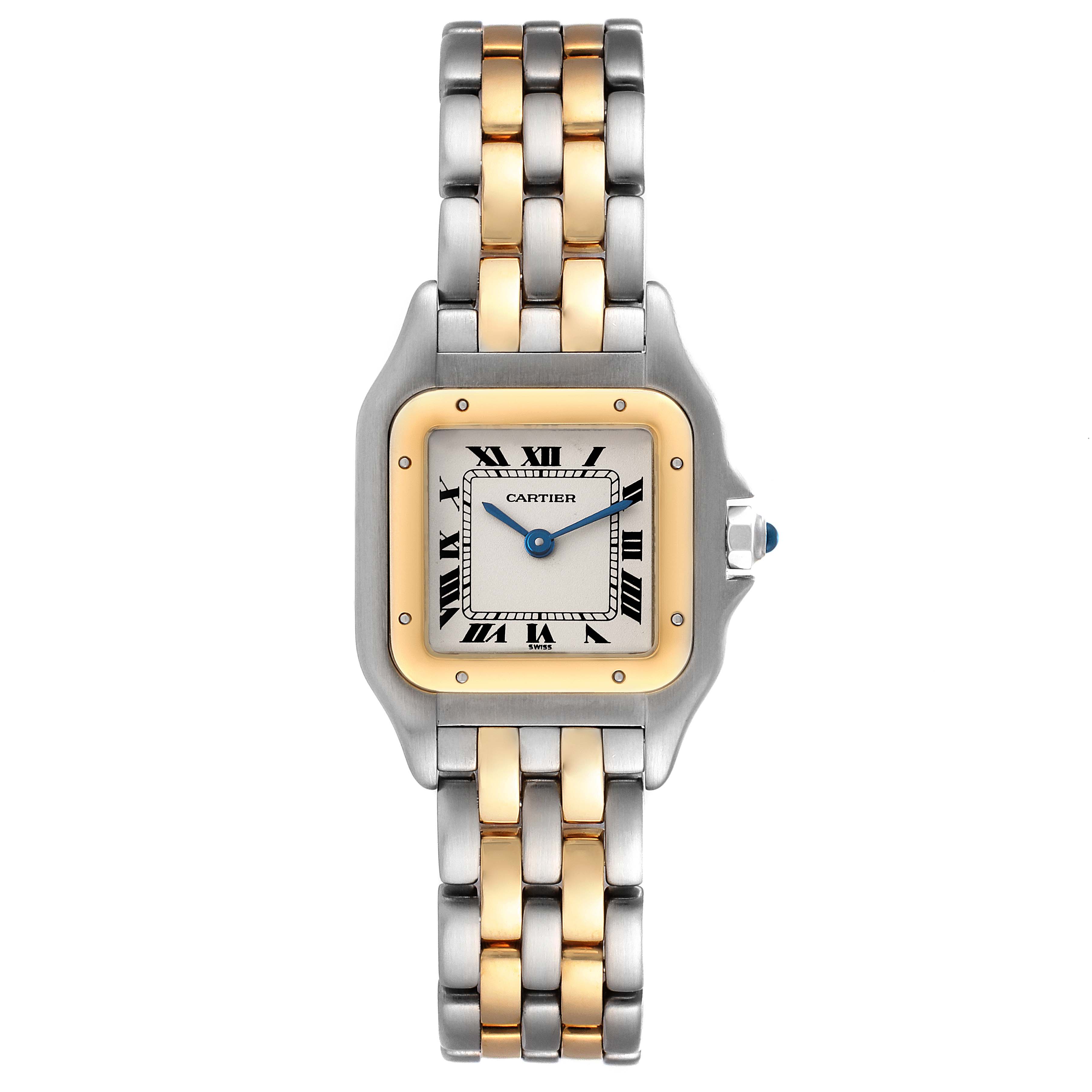 The image shows a Panthere model watch by Cartier from a top-down angle, displaying the watch face and dual-tone metal bracelet.