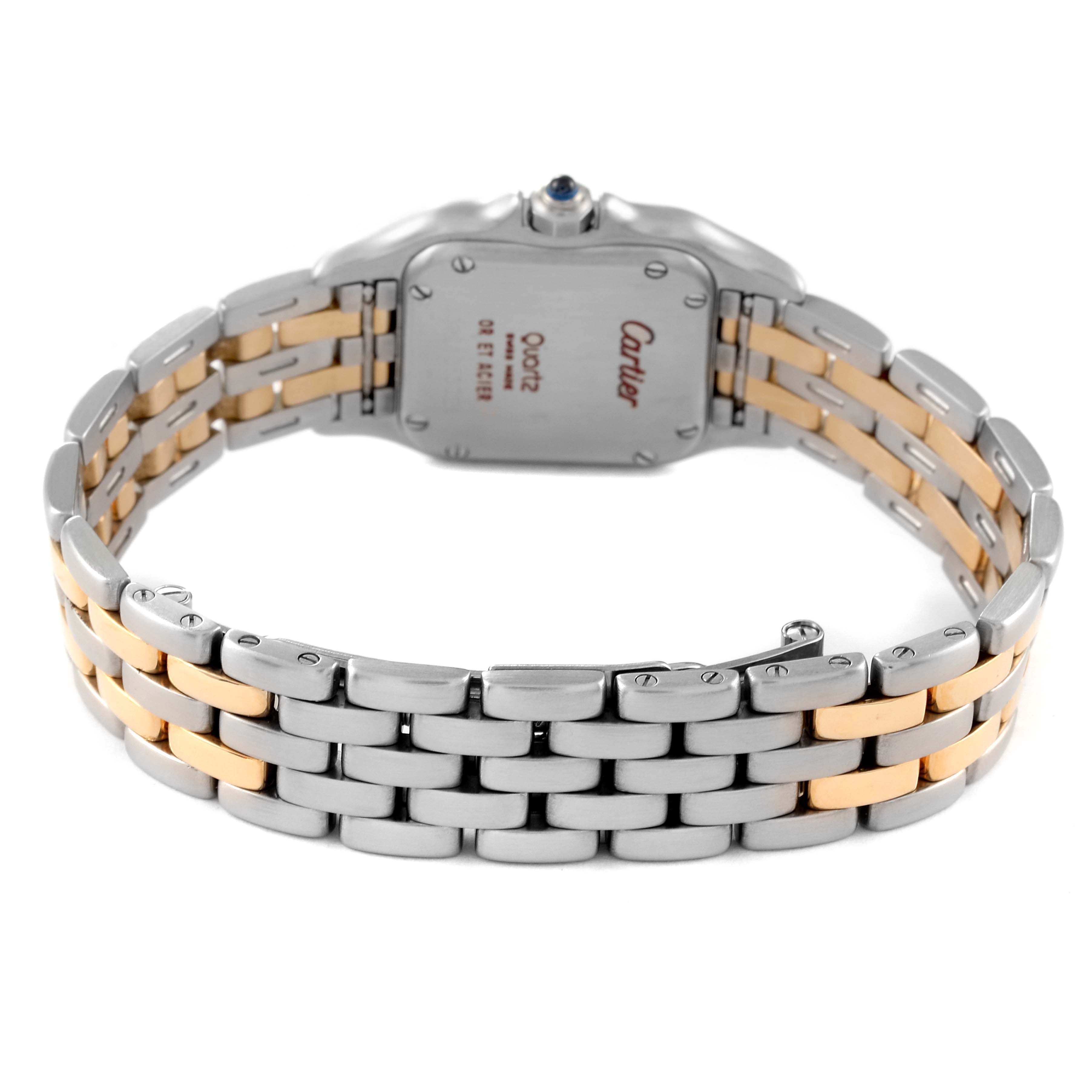 The image shows the back view of a Cartier Panthere W25029B6 Women's Steel and Gold (two tone) Silver Dial W25029B6 Women's Steel and Gold (two tone) Silver Dial model watch, highlighting its two-tone bracelet and case back.