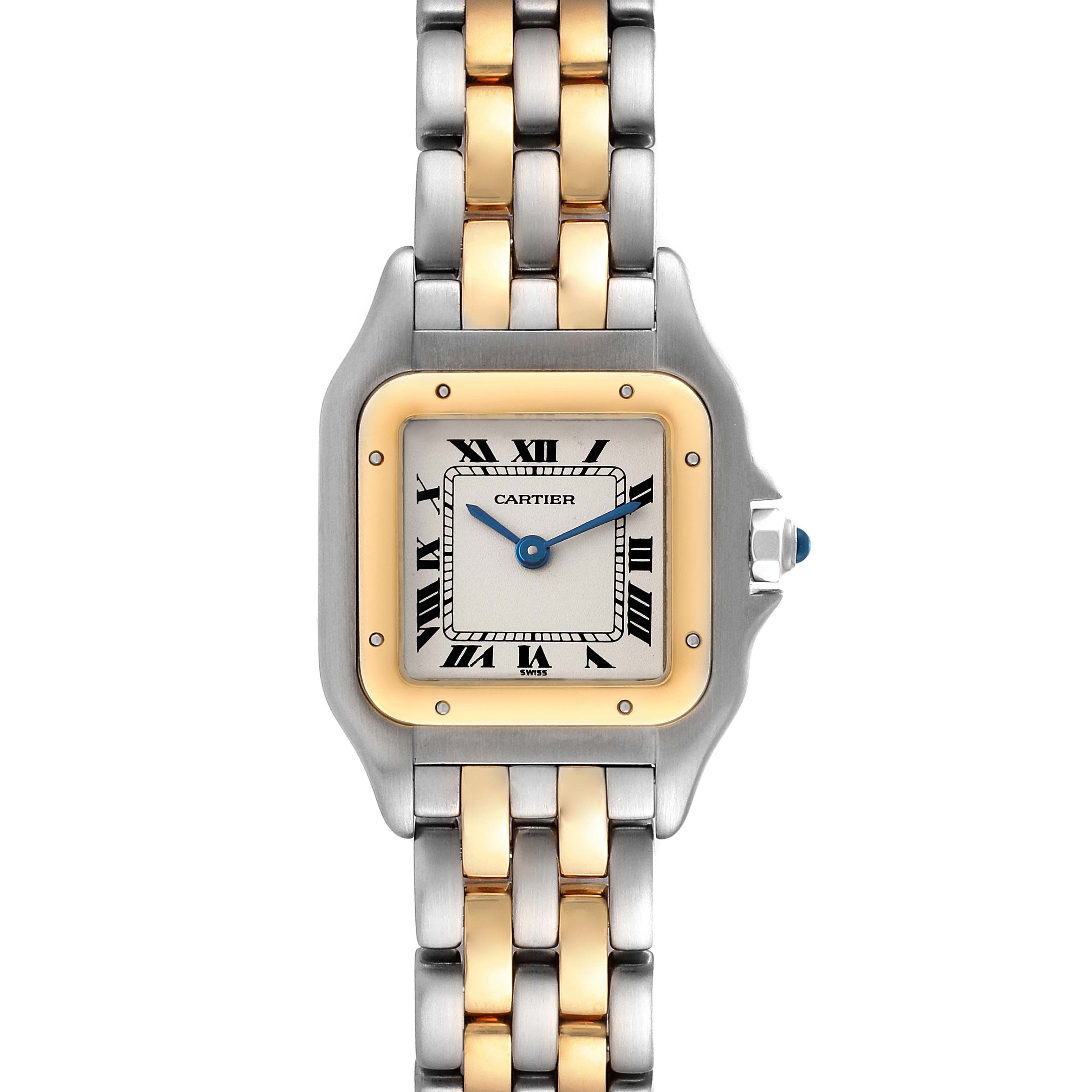 The image shows a front view of a Cartier Panthere W25029B6 Women's Steel and Gold (two tone) Silver Dial W25029B6 Women's Steel and Gold (two tone) Silver Dial watch with a two-tone metal bracelet and Roman numeral dial.