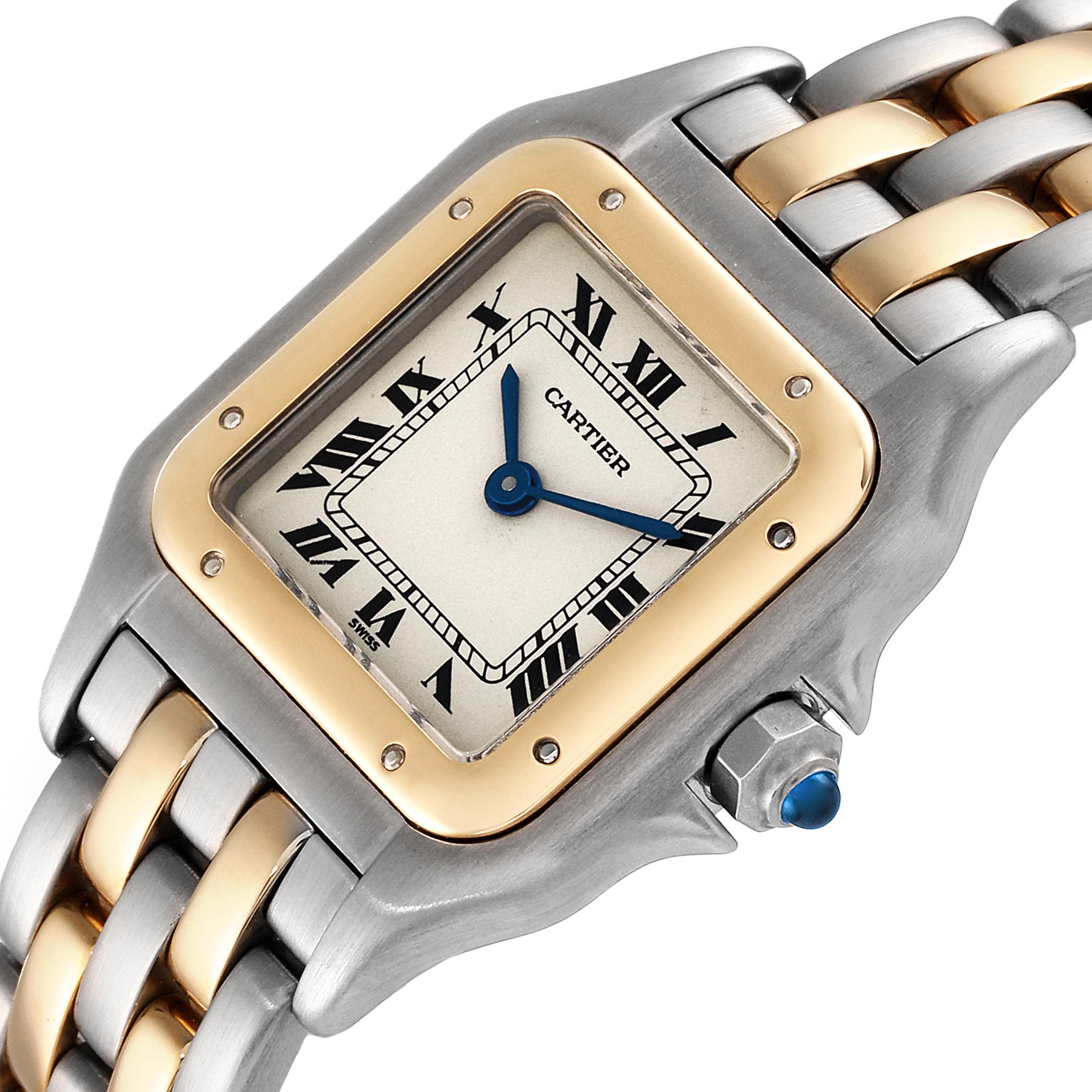 The image shows a close-up of the Cartier Panthere W25029B6 Women's Steel and Gold (two tone) Silver Dial W25029B6 Women's Steel and Gold (two tone) Silver Dial model watch, highlighting its face, bezel, crown, and part of the bracelet.