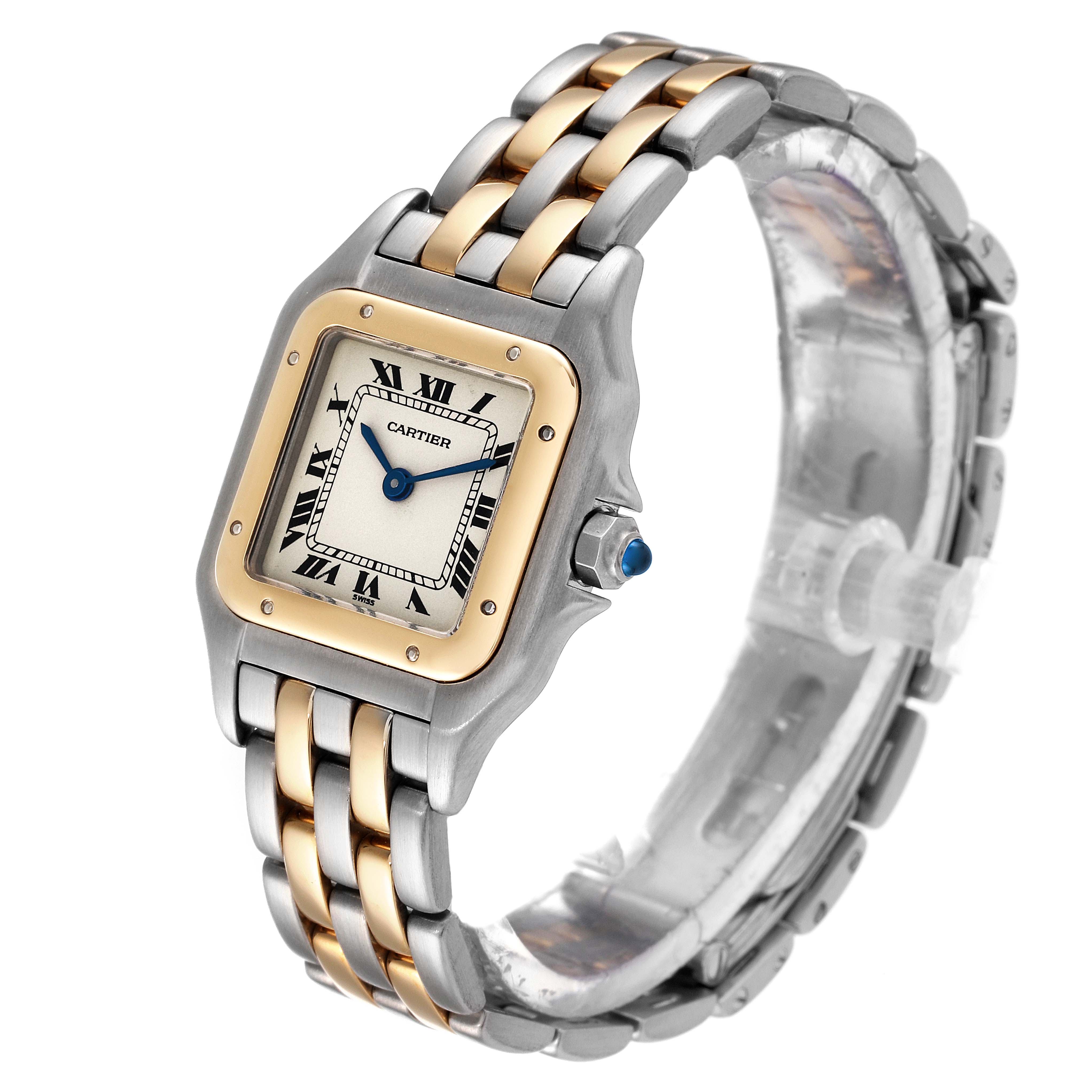 The Cartier Panthere W25029B6 Women's Steel and Gold (two tone) Silver Dial W25029B6 Women's Steel and Gold (two tone) Silver Dial watch is shown at a three-quarter angle, highlighting the face, bezel, bracelet, and cabochon crown.