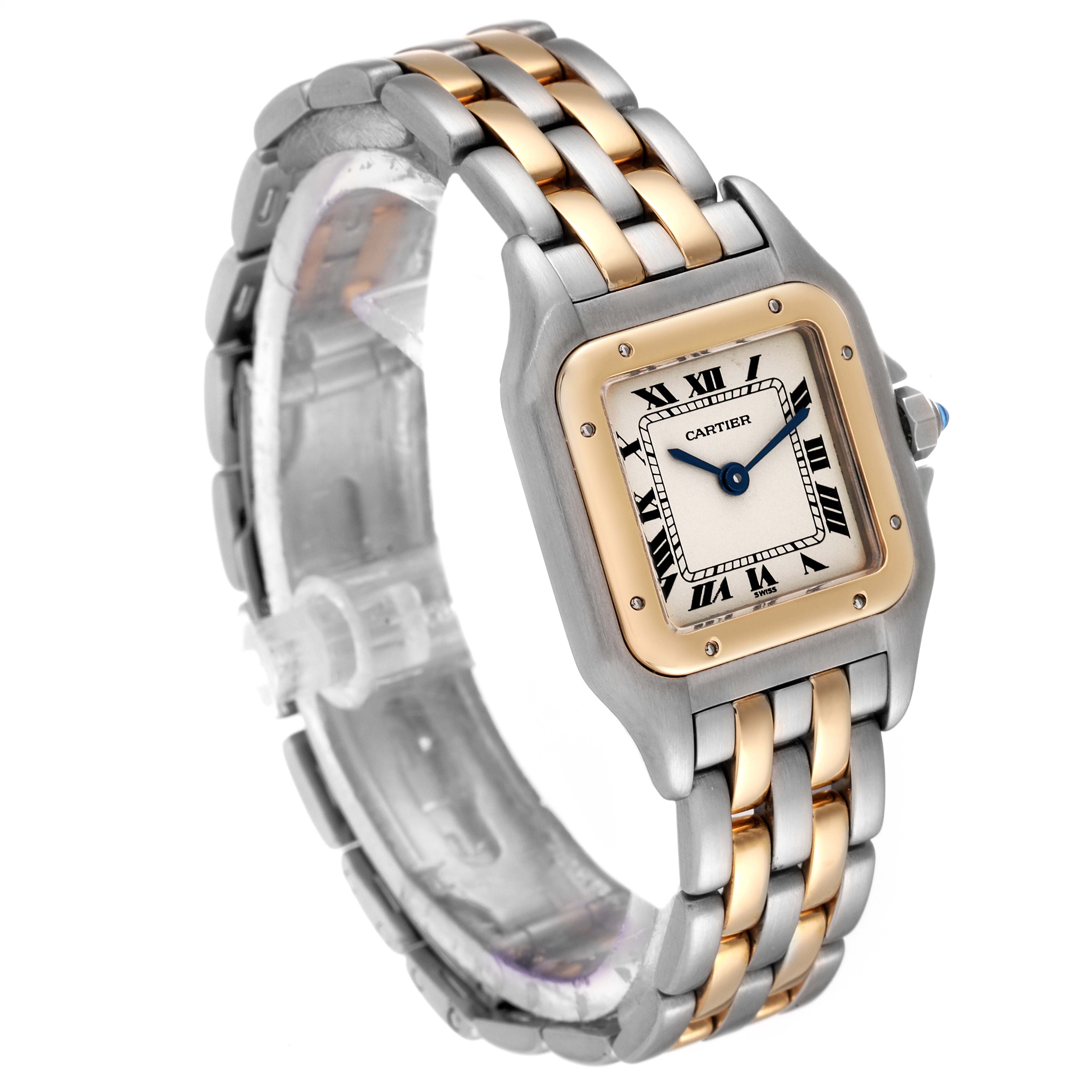 The image shows a Cartier Panthere W25029B6 Women's Steel and Gold (two tone) Silver Dial W25029B6 Women's Steel and Gold (two tone) Silver Dial watch at a side angle, displaying its face, bracelet, and two-tone metal design.