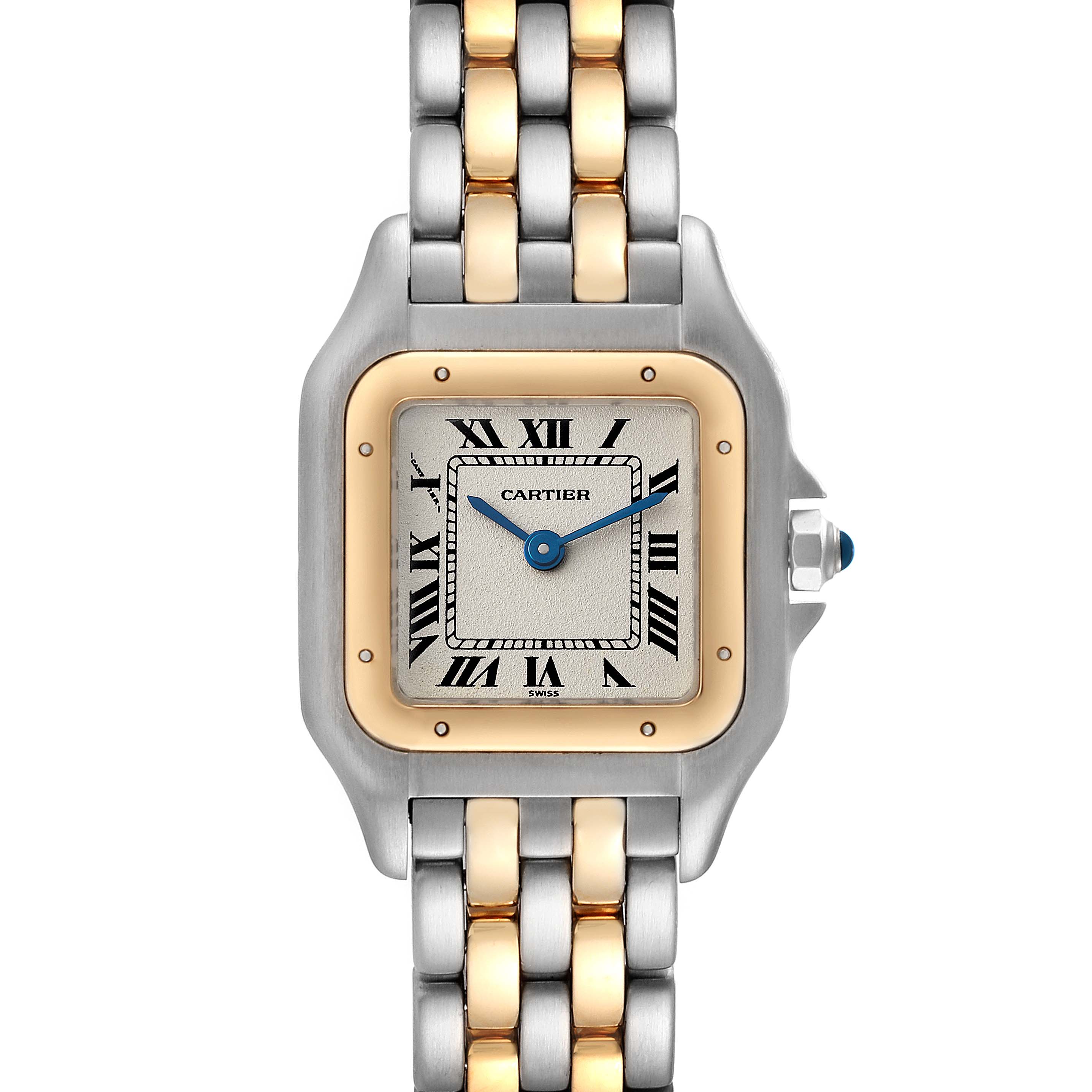The image shows a front view of the Cartier Panthere W25029B6 Women's Steel and Gold (two tone) Silver Dial W25029B6 Women's Steel and Gold (two tone) Silver Dial watch, highlighting its dial, bezel, and two-tone metal bracelet.