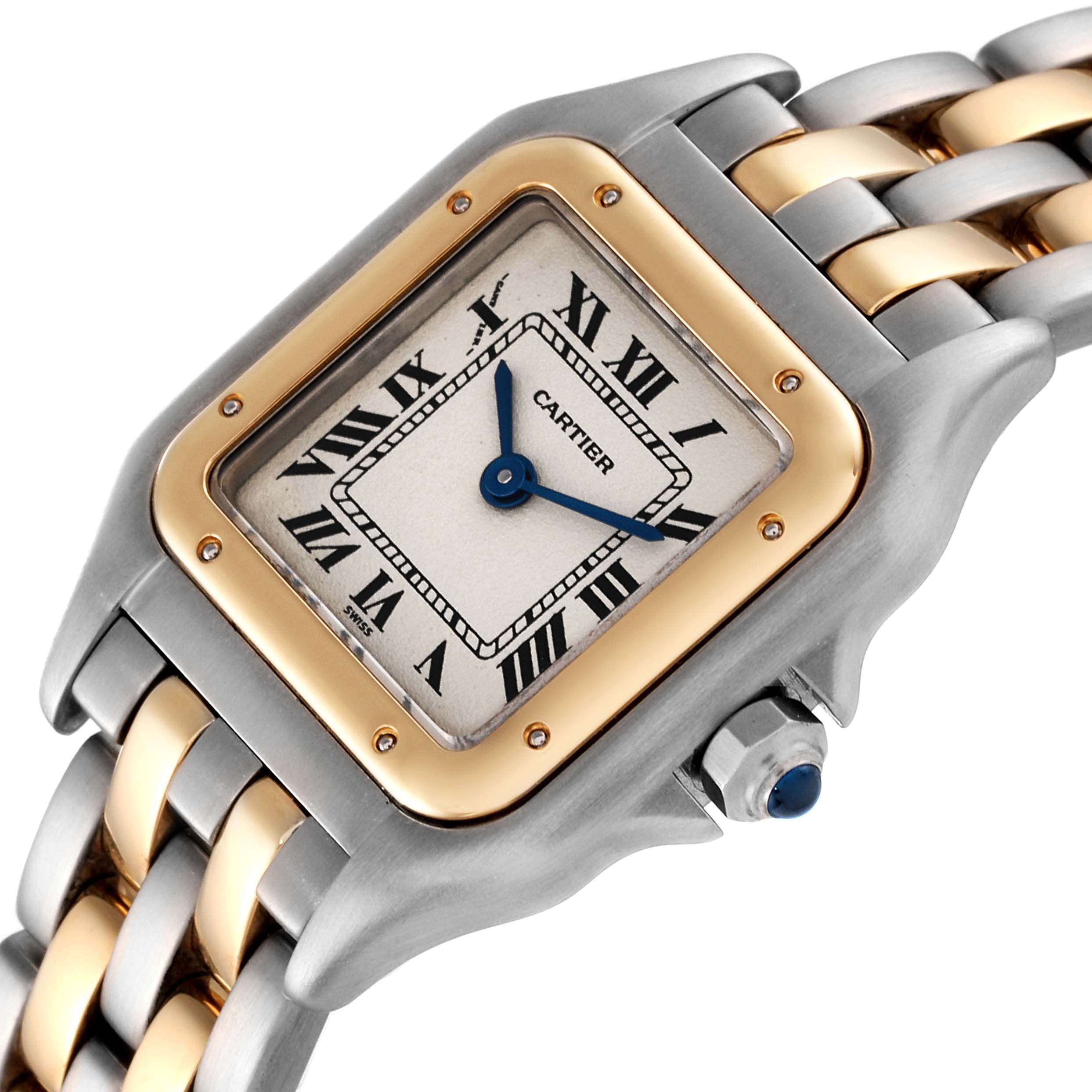 This image shows a close-up, angled view of the Cartier Panthere W25029B6 Women's Steel and Gold (two tone) Silver Dial W25029B6 Women's Steel and Gold (two tone) Silver Dial watch's face and part of the two-tone bracelet.