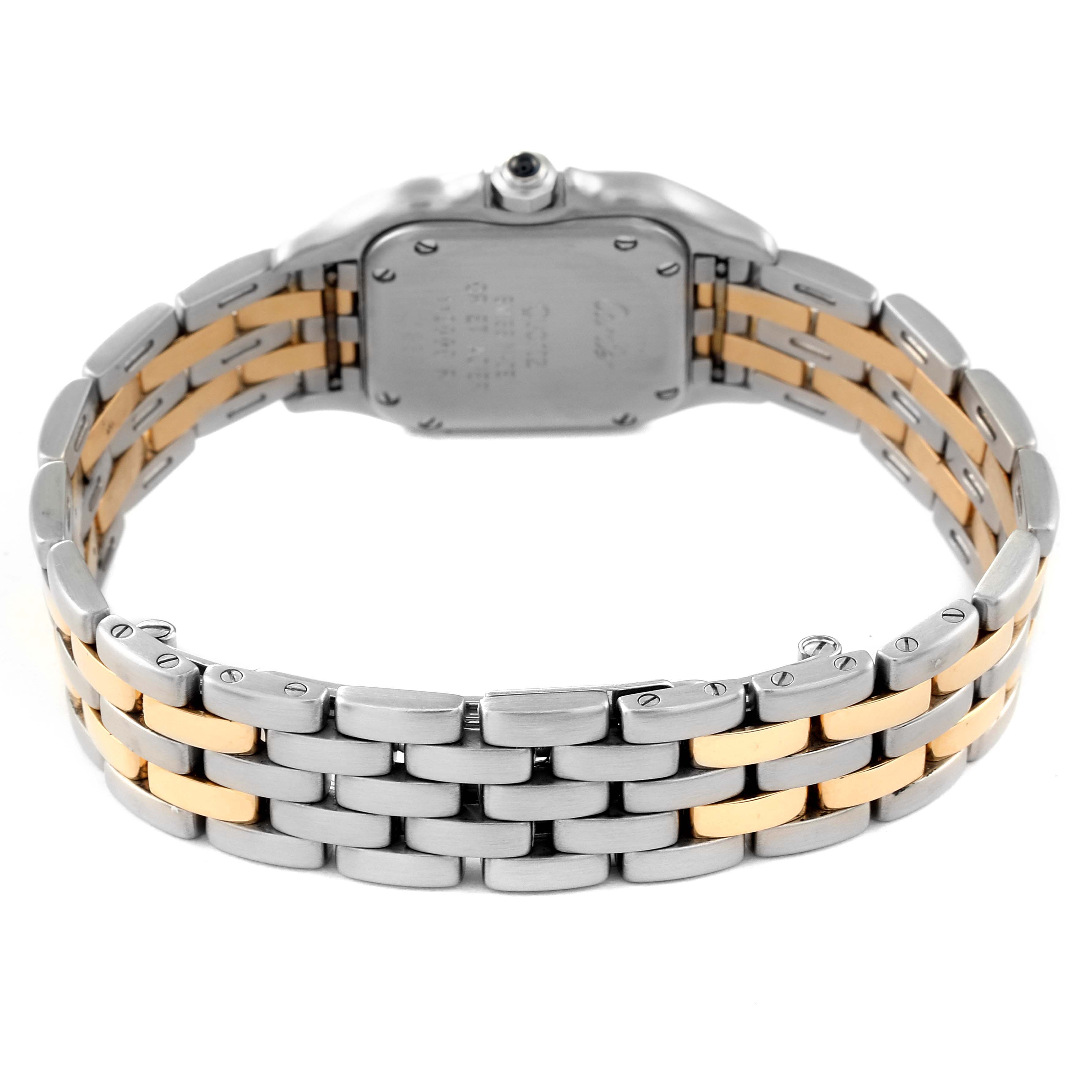 The image shows the back view of a Cartier Panthère watch, highlighting its case back and two-tone bracelet.