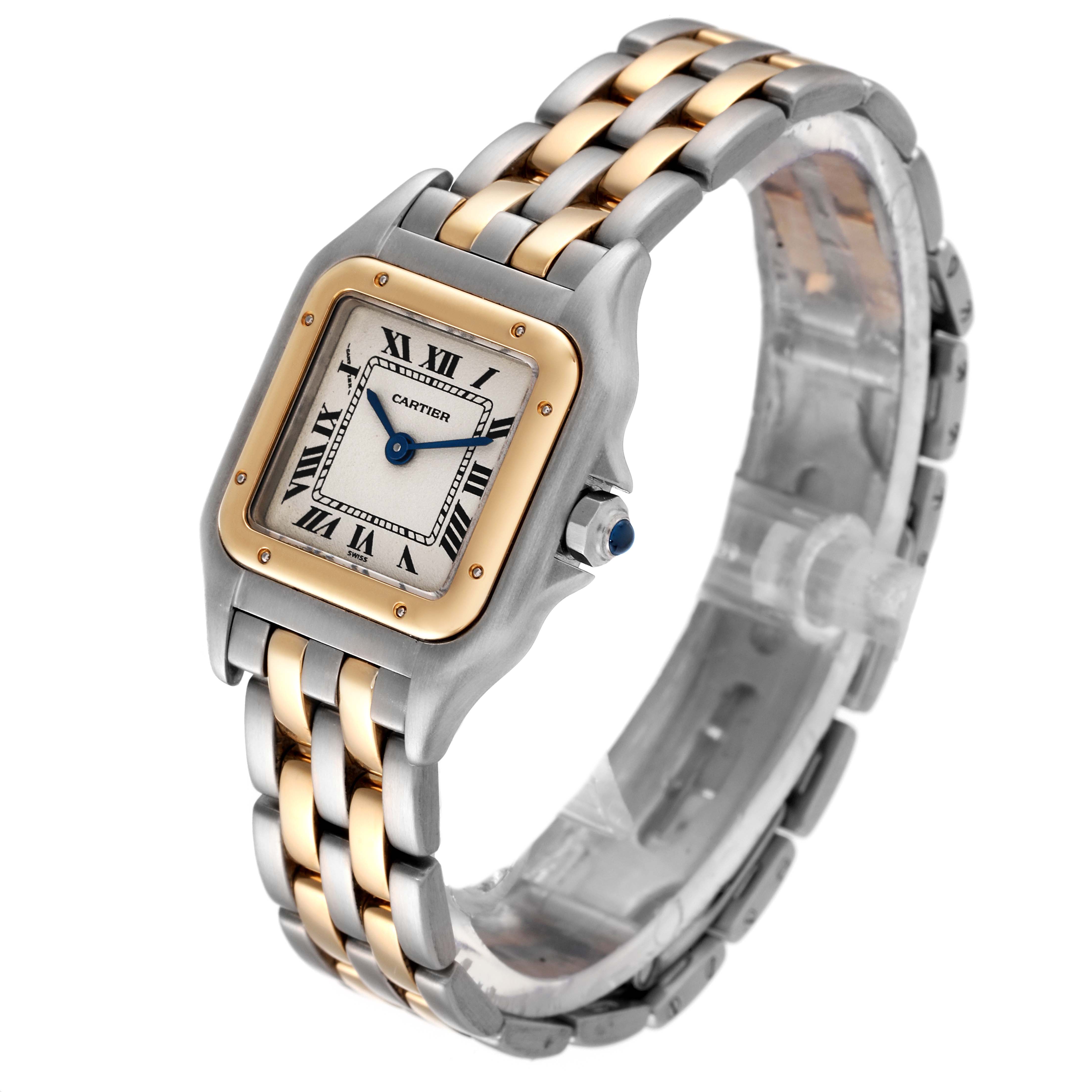This image shows the Cartier Panthere W25029B6 Women's Steel and Gold (two tone) Silver Dial W25029B6 Women's Steel and Gold (two tone) Silver Dial watch at a three-quarter angle, highlighting its face, bezel, and two-tone bracelet.