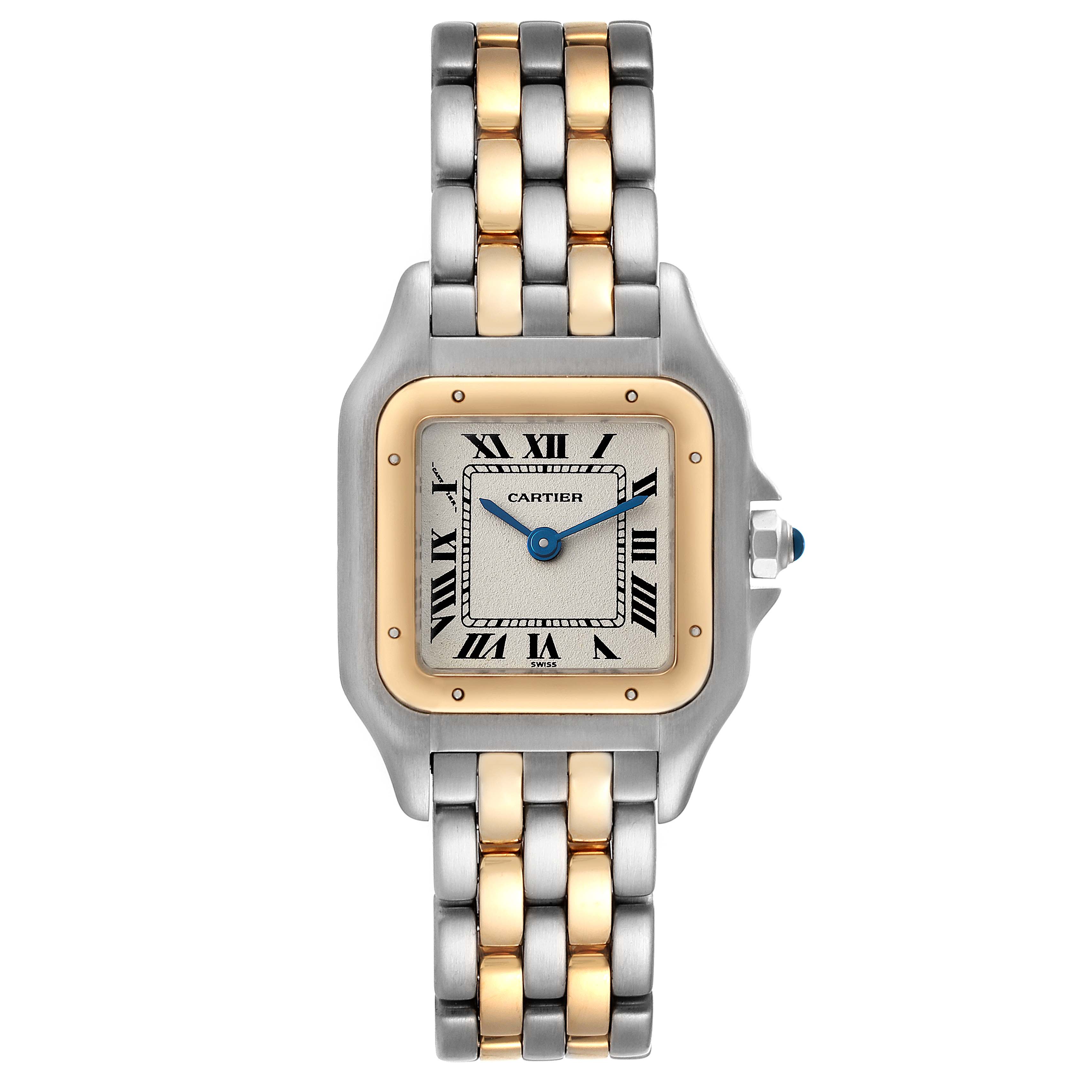 The image shows a front view of a Cartier Panthère watch, highlighting its square face and two-tone metal bracelet.