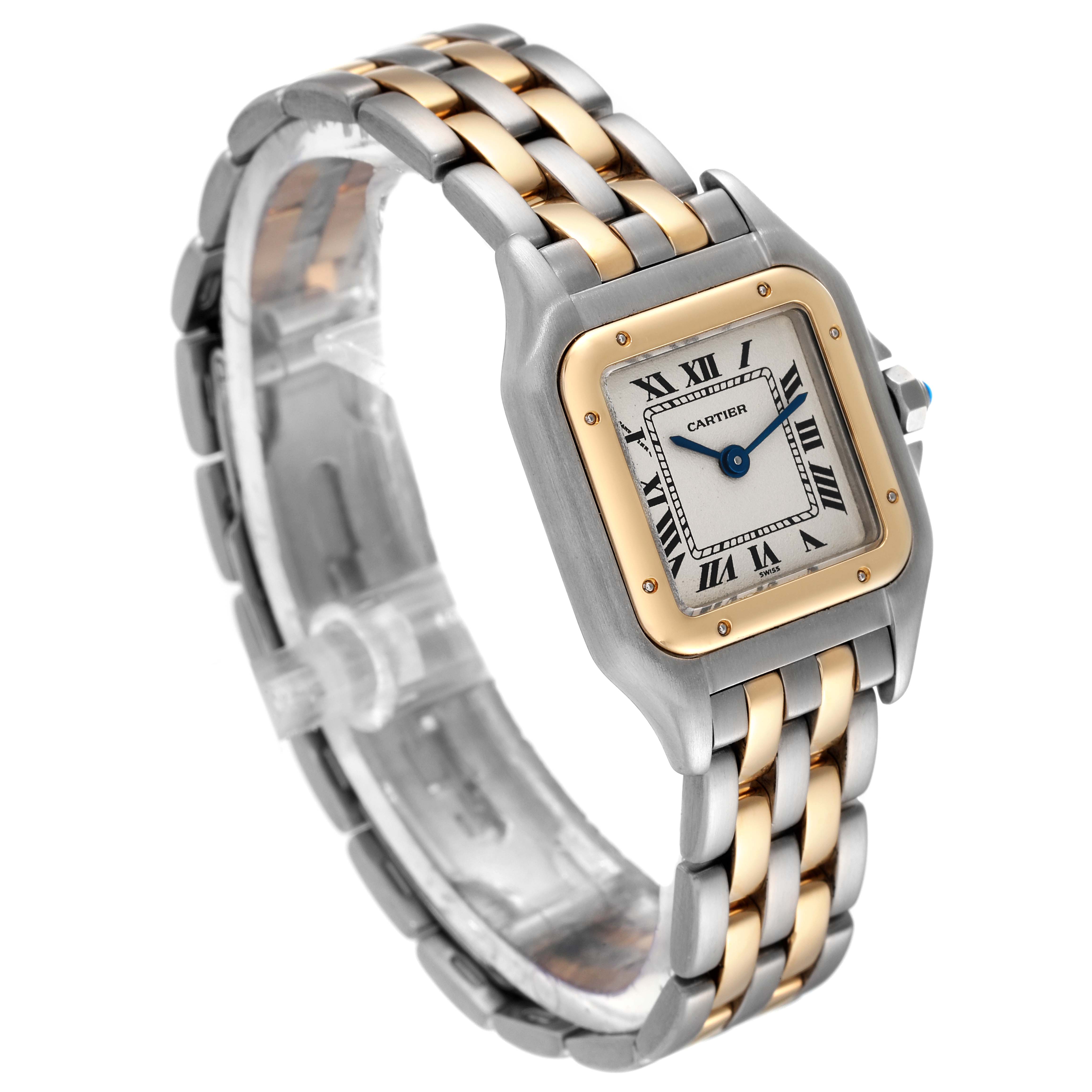 The image shows a Cartier Panthere W25029B6 Women's Steel and Gold (two tone) Silver Dial W25029B6 Women's Steel and Gold (two tone) Silver Dial model watch angled to display its face and two-tone gold and silver bracelet.