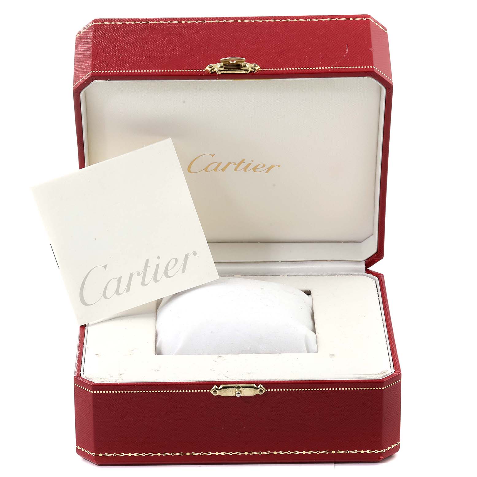 The image shows a red Cartier Panthere W25029B6 Women's Steel and Gold (two tone) Silver Dial W25029B6 Women's Steel and Gold (two tone) Silver Dial watch box with an open lid and an instruction booklet inside.