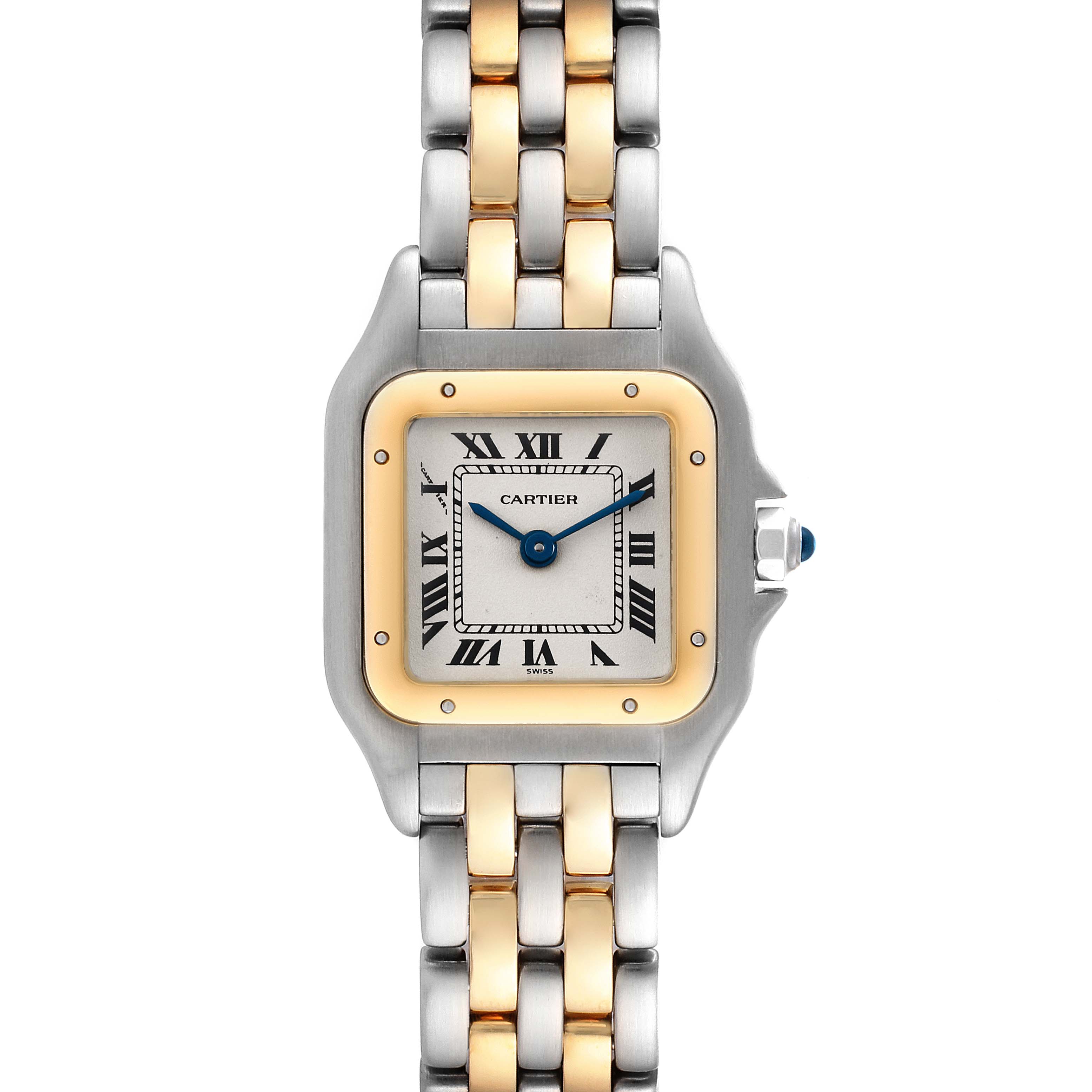 The image shows a front view of the Cartier Panthere W25029B6 Women's Steel and Gold (two tone) Silver Dial W25029B6 Women's Steel and Gold (two tone) Silver Dial model watch, displaying the two-tone bracelet, square face, and Roman numeral dial.