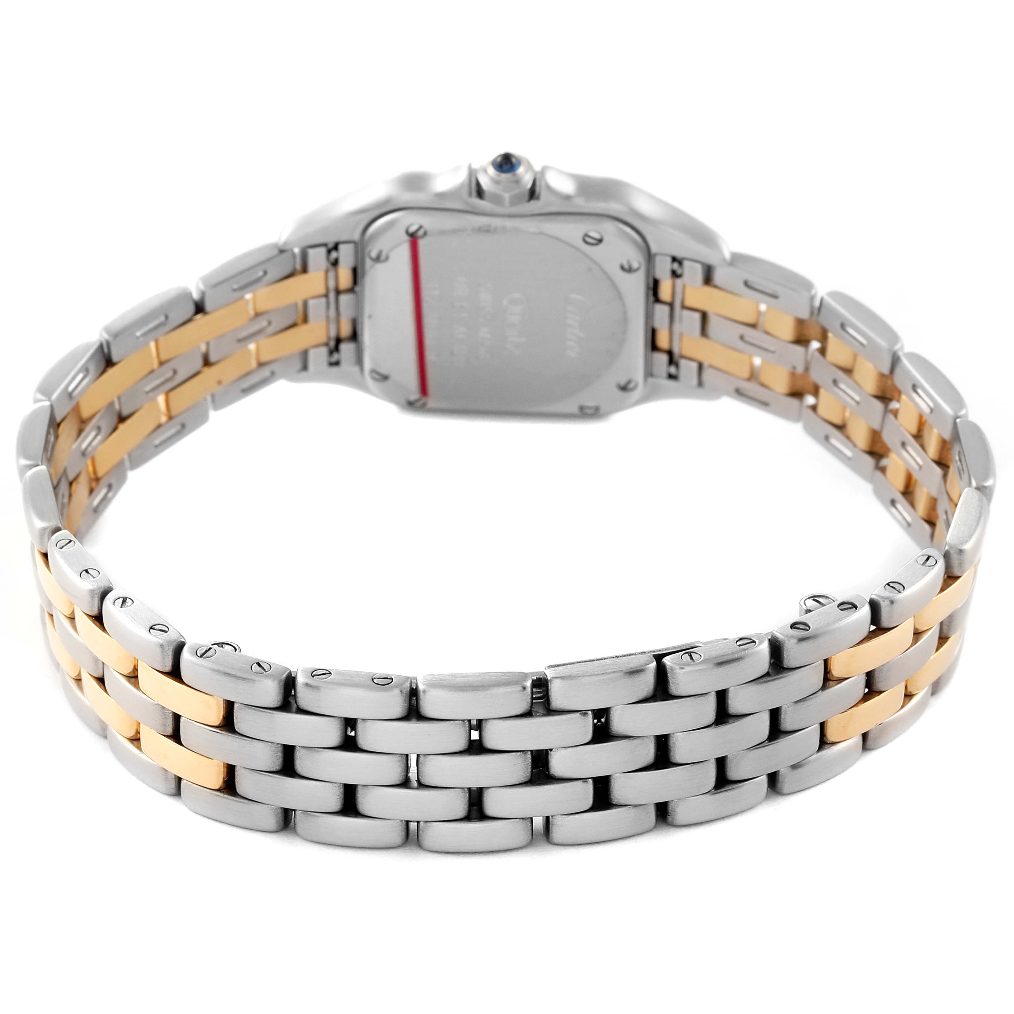 The image shows the back view of a Cartier Panthere W25029B6 Women's Steel and Gold (two tone) Silver Dial W25029B6 Women's Steel and Gold (two tone) Silver Dial watch, highlighting its bi-metal bracelet and case back.